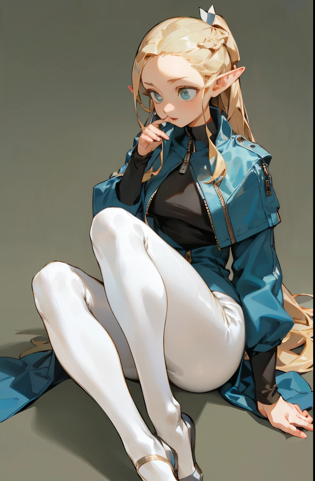 (masterpiece, best quality) detailed, Wearing white tights, silver accessories , zipper unzipped , blonde ,elegant, pointed ears ,