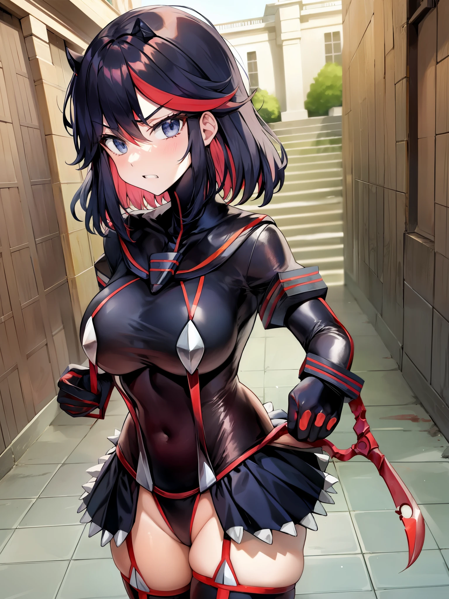 Kill la Kill、Honnoji Gakuen、solo、1 person、big tits milf、big tits milf、Stalker、blood更衣、A black sailor suit with a purpose、（（（open exposure）））+++、「nudist beach」、「Even if I die, I have to take it off.！！　Must be、Also『blood』I probably won&#39;t be able to wear it.！」、sukeban girl。Hair with red mesh bangs、ぶっきらぼうな性格But、The roots are kind and compassionate。huge red「Katachi scissors」、Bruised body、「blood」Wear it as a short sailor uniform.、Hanging the skirt with suspenders。「blood」But、With her increased exposure, she looks like a slut。blush。red glove「red hand armor」、「blood」Tools that can withstand the power of「Katachi scissors」only。Initially, I carried it on my back in a bag that looked like a square guitar case.、Since I was able to change the size of my scissors, I have kept them smaller in a holster that I carry on my waist.。love affair、He&#39;s a pretty nice buddy、According to Mako&#39;s perspective, her breasts are bigger than Satsuki&#39;s.。Also絵師や作画により変わる為、Not a noticeable feature、double teeth。monster of life war tissue、Wear striped underwear。