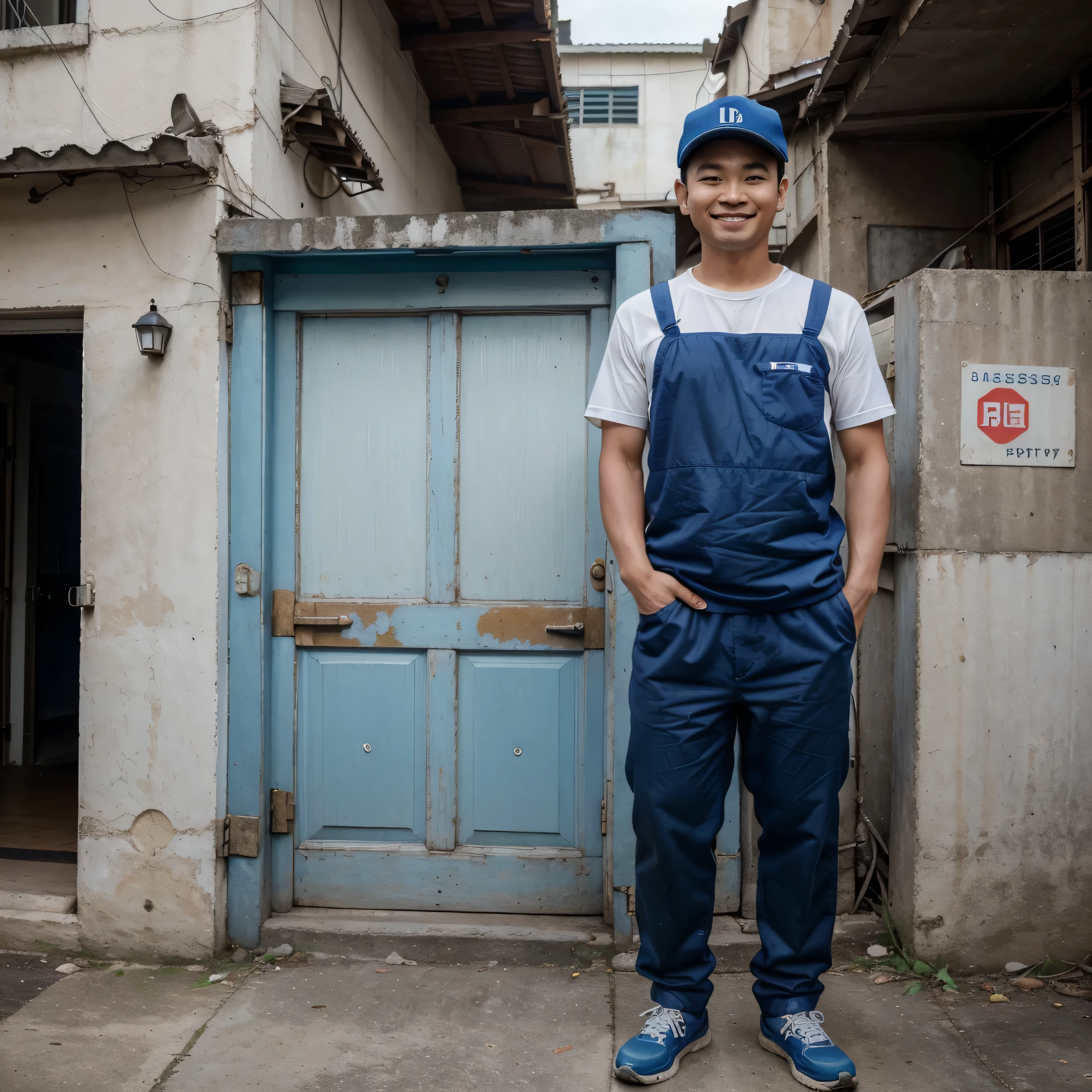 (The ultra -The high-definition、high-level image quality、8K、masterpiece:1.4) Asian male worker 28 years-old smile, One hand holds the cardboard box, the other hand reaches out to hold the hand in front wearing blue worker uniform,The uniform is a bit worn, palm facing up, Behind is the modern factory background, stand at the front corner, scenery in Vietnam, daily life photos real life photo, awe-inspiring, cenic full shot,