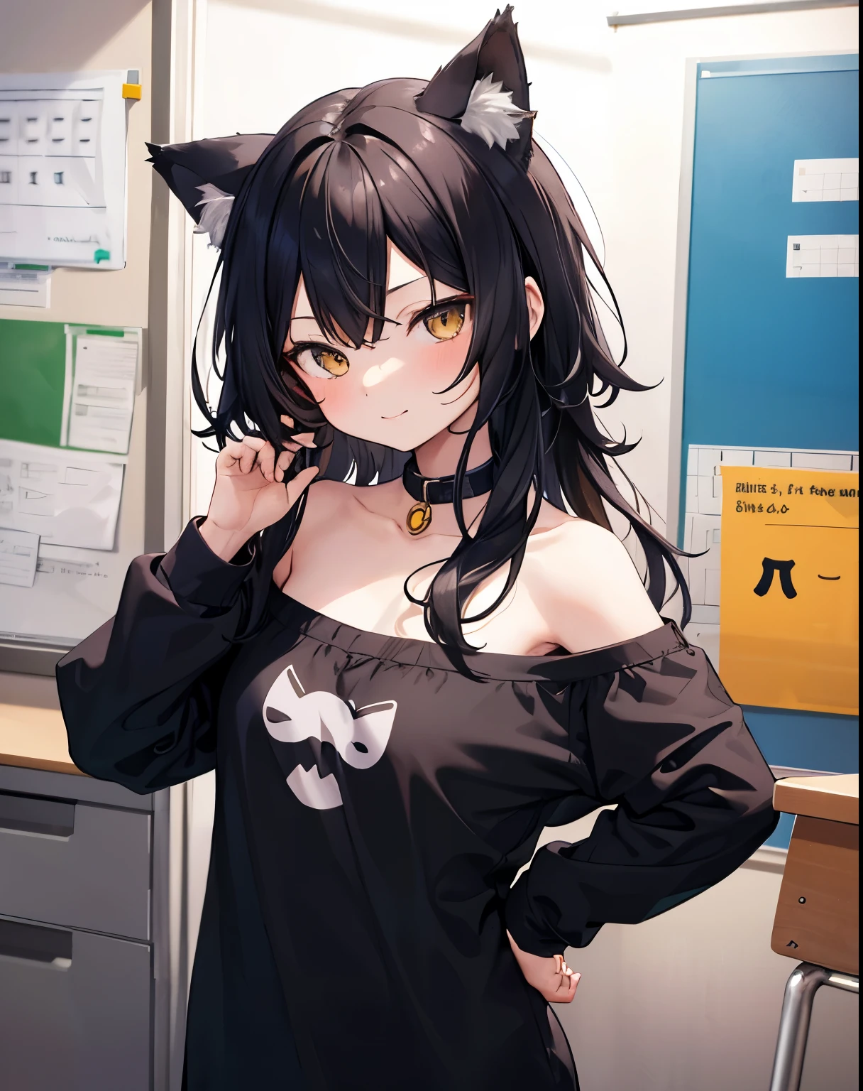 Anthropomorphizing the Earth,smug face,small breasts,masterpiece,Elementary school student 9 years old girl,alone,long hair,off shoulder:1.2,black hair,put your hands on your hips,Cat ear