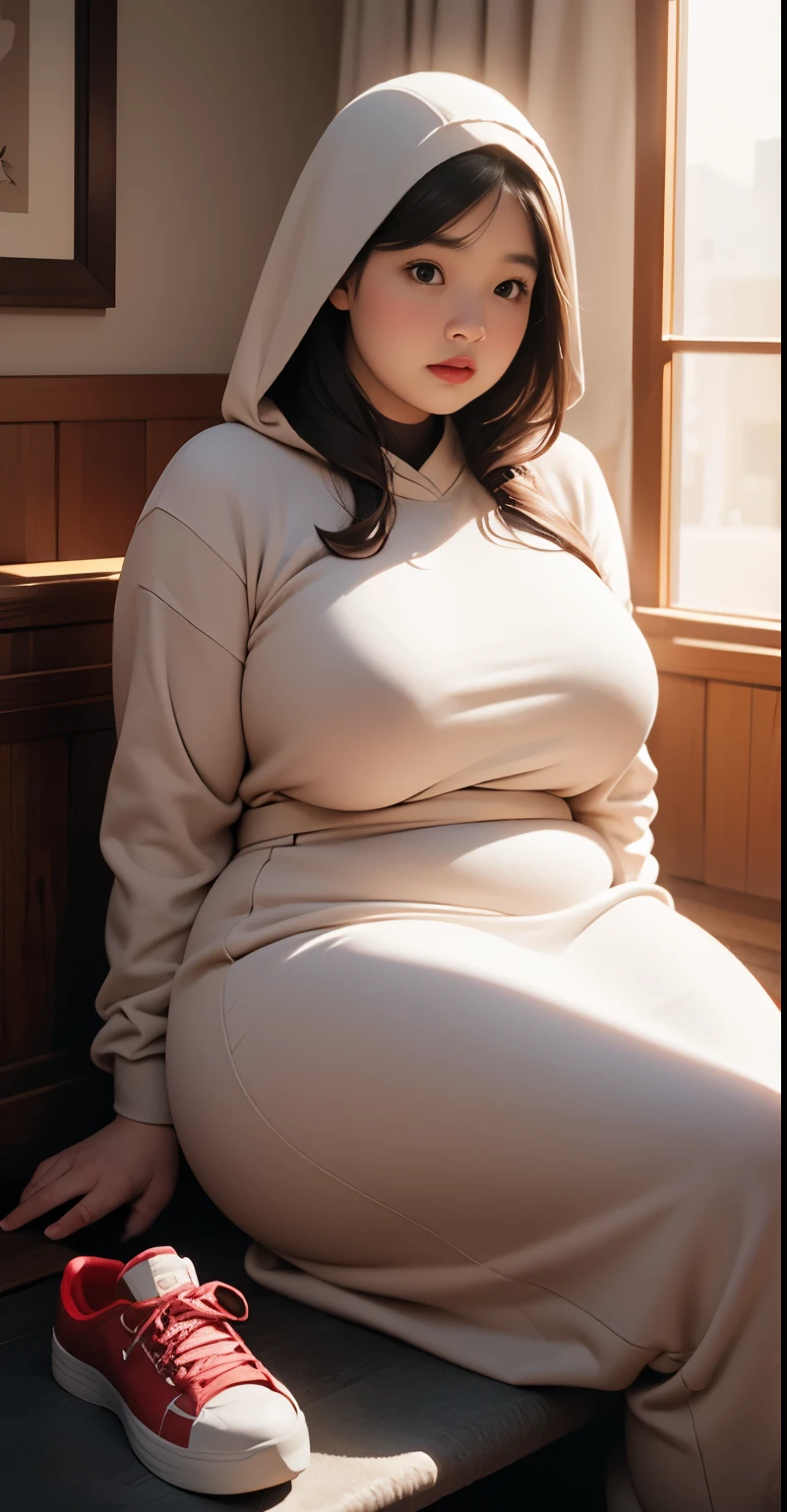 there is a woman sitting down with a longest brown hair, bbwchan, thicc, brown hijab outfit, brown hairstyle model, korean girl, korean woman, wearing brown robe, full length shot, alluring plus sized model, japanese goddess, clothed in hooded, voluptuous and arousing, portrait shot, curvy model, voluptuous body, wonderful, nene tanaka body , bbwchan, The overall atmosphere is smooth , haunting illustrations, extremely high-resolution details, photographic, realism pushed to extreme, fine texture, 4k, ultra-detailed, high quality, high contrast, red sneakers , cold atmosphere ,, cold atmosphere