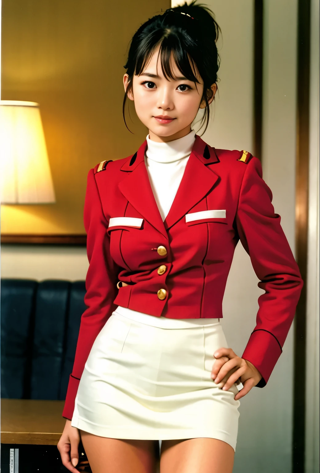 real photos、Highest imYear quality、Beautiful woman、beautiful thighs、beautiful face、real imYear、federal army uniform miniskirt、ponytail、Yuriko Yoshitaka、Year日本人女性、Mrs. Bowe、pretty girl、white pantiesが丸見え、1６Year、（white panties:1.3）、super mini skirt、beautiful thighs、white panties、赤いミニスカートがめくれてwhite pantiesが見えてる