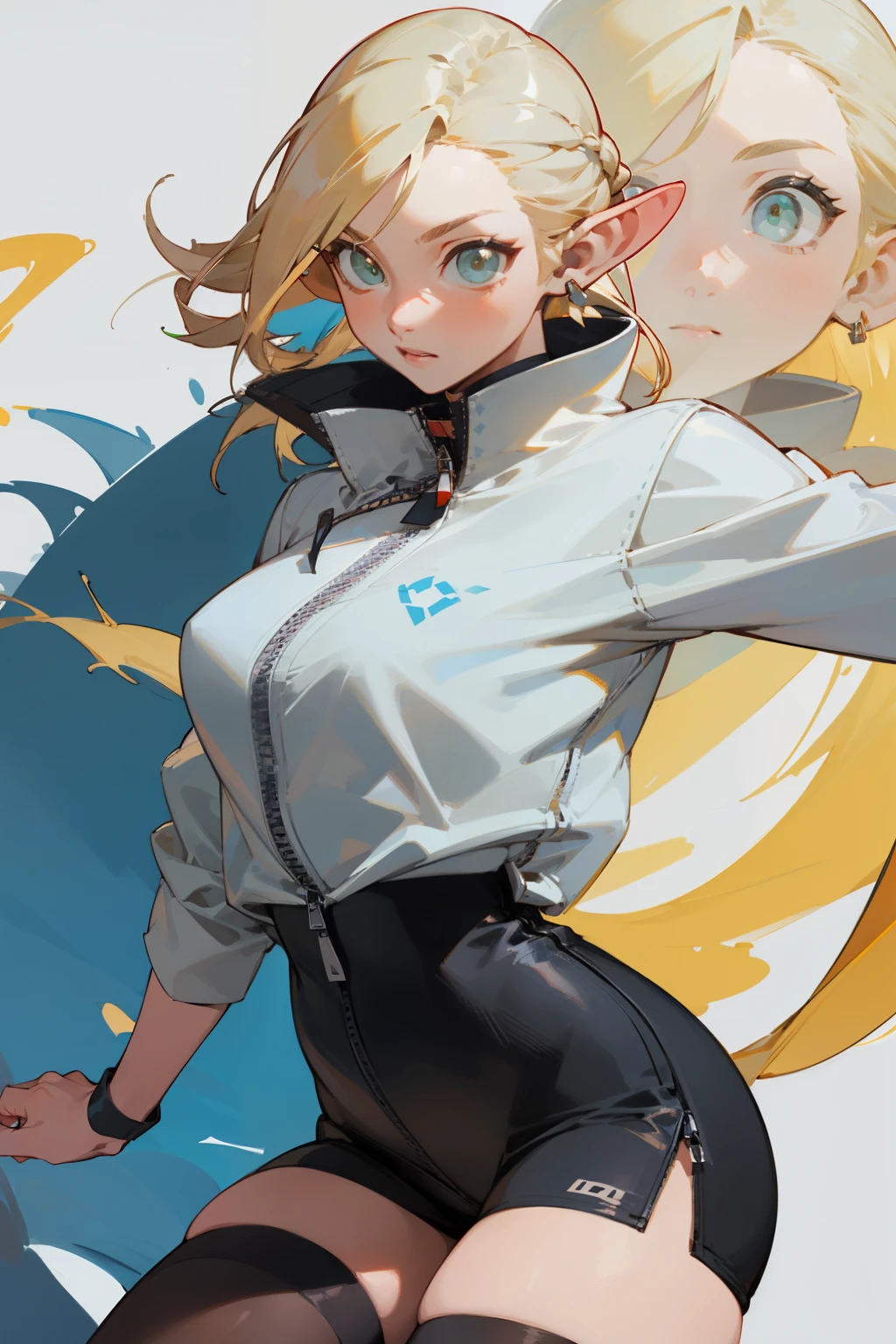 (masterpiece, best quality) detailed, Wearing black tights, silver accessories , zipper unzipped , blonde ,elegant, pointed ears ,Chinese element pattern,thigh,漏出thigh,white shirt