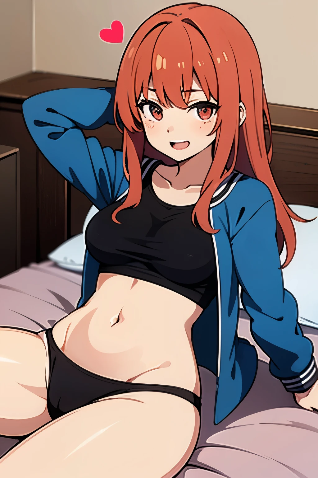 Beautiful girl, one, anime, ginger, bed, girlfriend, oversized T-shirt, panties, laying down, happy, big tits