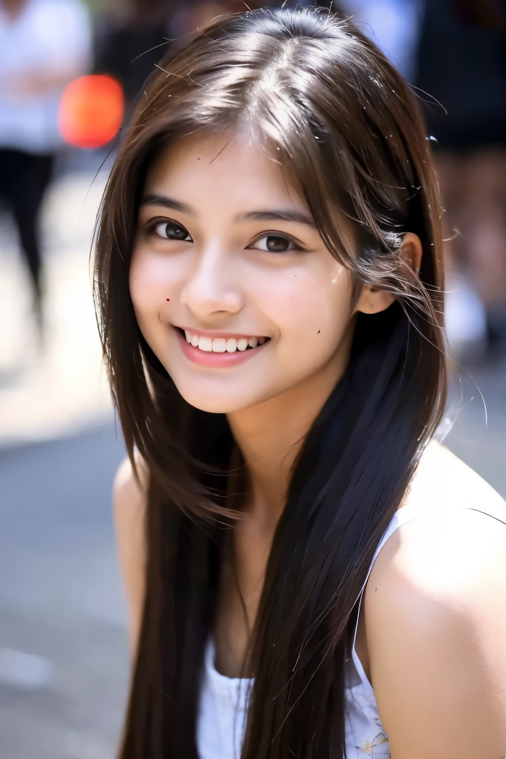 ((best quality)), ((masterpiece)), (detailed), perfect face, 21 year old indian girl in street, beautiful realistic, cute face, smiling, dimple in chicks, long hair