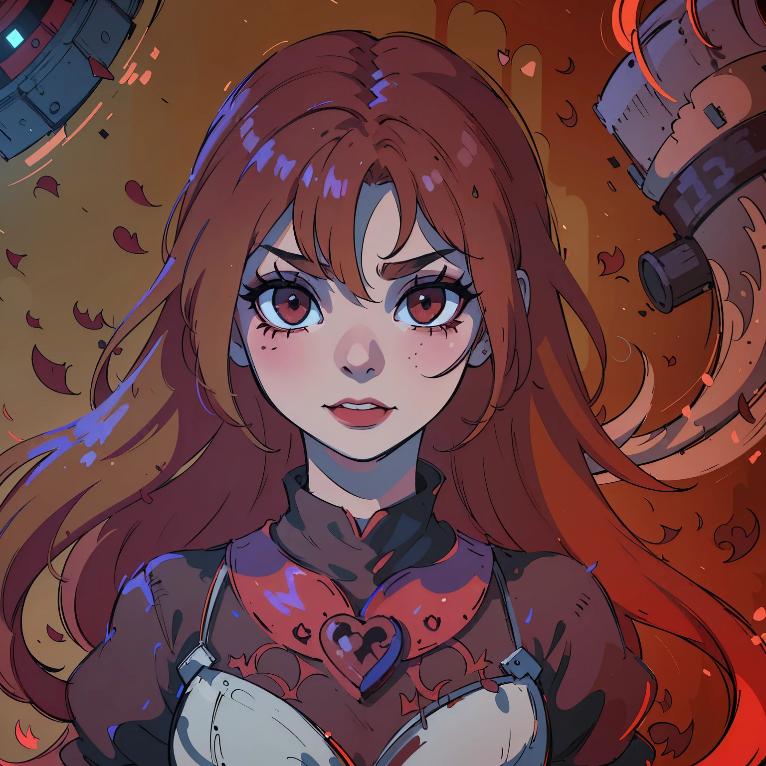 (best quality,4k,8k,highres,masterpiece:1.2),ultra-detailed,(realistic,photorealistic,photo-realistic:1.37),blood red hair,blood red eyes,extremely detailed eyes and face,lighter skin, detailed teeth,vivid colors,dark shadows,dramatic lighting,gothic,horror,portrait,very red hair,beautiful nose,smile, Do not alter the hair fringe,Red lipstick, smile with beautiful teeth, drawing of a heart symbol painted in red on the right cheek, do not change your mouth anymore.