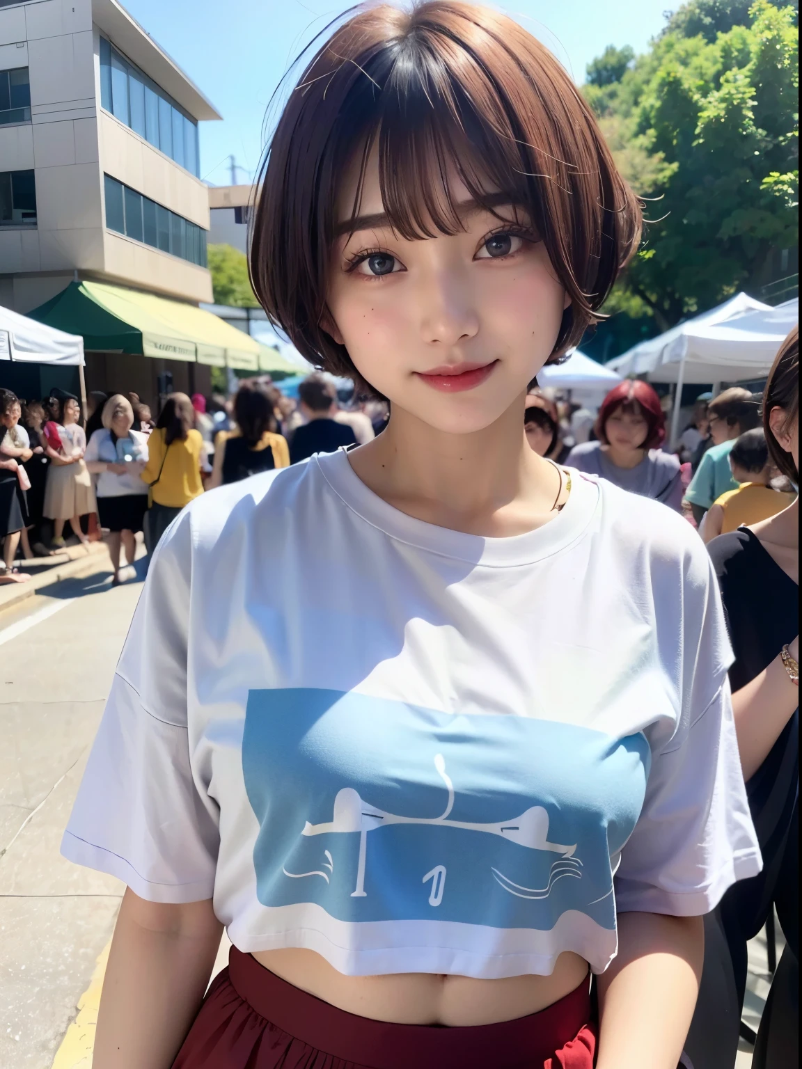 ((highest quality))、(masterpiece:1.4)、Raw photo、8k、((best image quality))、 ((High resolution))、Beautiful face in every detail、realistic human skin、gentle expression、(one woman:1.3 )、realistic、Photoreal、(extra belly short hair:1.4)、(Beautiful woman)、(cute japanese girl)、(boyish:1.35)、((mannish))、((Beautiful woman))、(beautiful hair)、((dark brown hair))、(((red cheeks)))、((sheの目は大きいです))、20 year old beauty、(sheの顔は小さいです:1.7)、small head、((long neck))、white skin、spotless skin、With bangs、Everyone longs for、日本のBeautiful woman、Eight-headed height、(((date)))、((she))、(necklace)、(music festival:1.4)、blue sky、looking at camera、(concert t-shirt)、smile、(oversized clothes:1.3)、happy look、