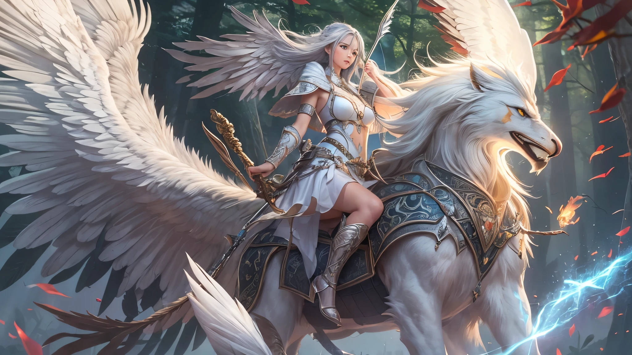 (master piece), 8k, best quality, panoramic view, Elf girl, young woman, long silver hair, riding on a Gryphon with the head and wings of an eagle and the body of a lion, flying in the forest sky, with a magical war bow, shoot arrow of pure light