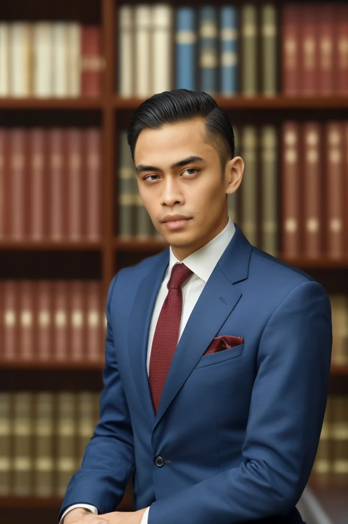 (classy, professional) portrait of a Indonesia lawyer, 25 years old, wearing a sophisticated suit with a perfectly tailored tie. He has a confident and determined expression on his face, showing his expertise and experience in the legal field. The portrait is done in a realistic and photorealistic style to capture every detail of the lawyer's features, including his beautifully detailed eyes, well-defined eyebrows, and clean-shaven face. The lighting is soft and dramatic, highlighting the lawyer's sharp and intelligent gaze. The background is a modern law firm office with shelves filled with law books, adding to the professional atmosphere. The colors are rich and warm, with a touch of blue tones to evoke a sense of trust and authority. The overall quality of the image is of the highest resolution, with ultra-fine painting details and vivid colors to create a stunning masterpiece.