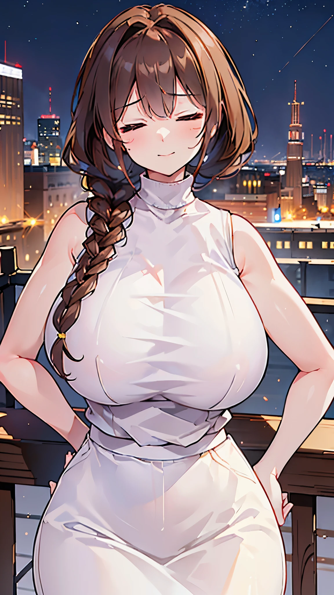 (8K、Highest image quality、highest quality、masterpiece)、detailed face、1 mature woman、brown hair、Single Braid、smile、blush、steam、((closed eyes))、((gigantic breasts))、((white sleeveless turtleneck))、((denim pencil skirt))、cowboy shot、night city background