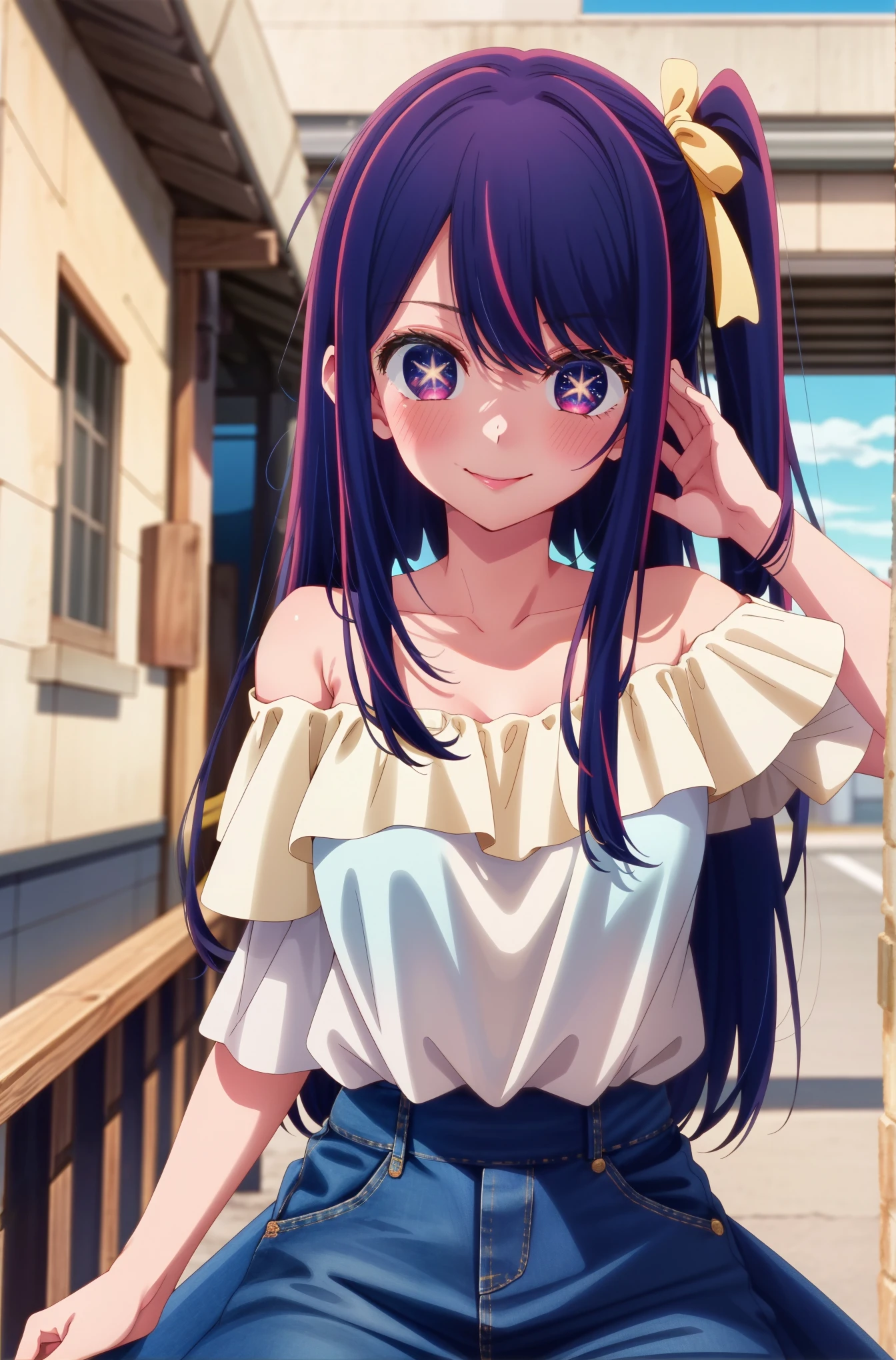 masterpiece, highest quality, 8k, ultra high resolution, highest quality, anime style, best writing, beautiful face, anime style, best lighting, beautiful face, (1 girl), Ai Hoshino, Six-pointed star in the eye, (Colorful atmosphere), blush, cute style, saturated colors, Ai Hoshino, Big eyes, Eyes of Fantasy, purple hair, best smile, blush, hair accessory, (off shoulder knit:1.3), (bare shoulders:1.3), (denim skirt:1.3), close up, In town, In front of the station, walk, free pose