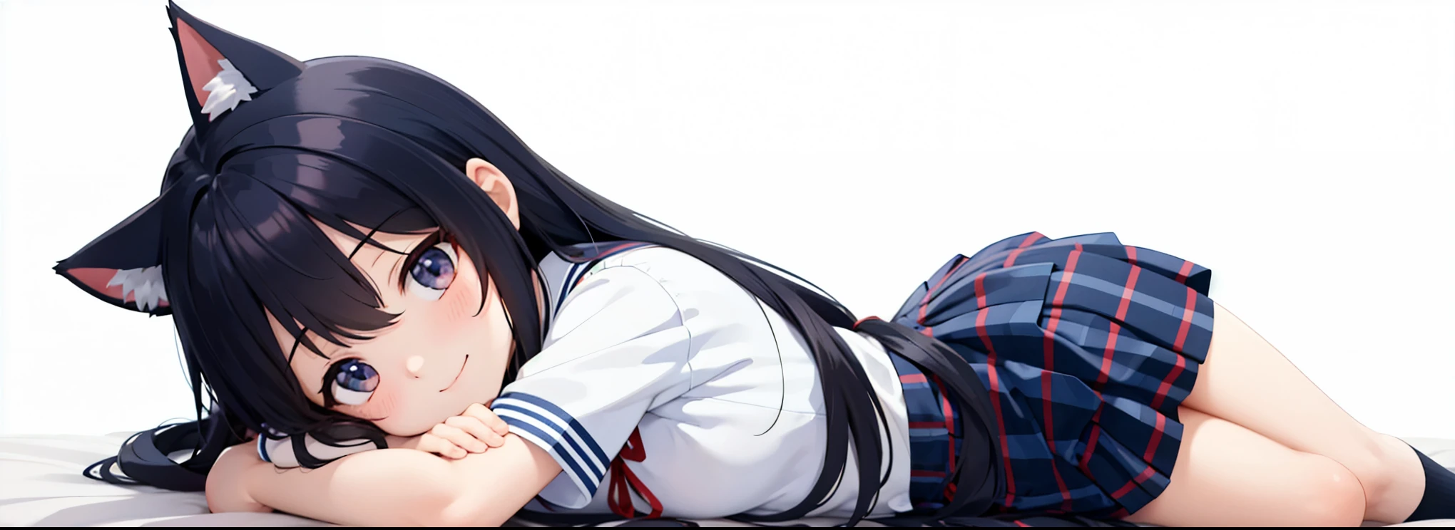 Girl, prone, arms folded, long black hair, cat ears, cute anime visual, school uniform, high school girl, ribbon on chest, tartan check mini skirt, white short sleeve shirt, navy blue socks, smiling, pure white background, side angle, full body, high quality, lying down