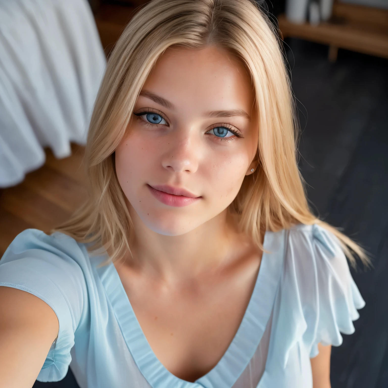 (selfie, top view: 1.4), (straight full body: 1.4), RAW UHD portrait photo of a 18-year-old blonde (light blue-eyed woman) standing in her bedroom (skirt) hair in armpits, (neckline), details (textures! , hair! , glitter, color!! , disadvantages: 1.1), glossy eyes with high detail (looking at the camera), SLR lighting, SLR camera, ultra-quality, sharpness, depth of field, film grain (center), Fujifilm XT3, crystal clear, frame center, beautiful face, sharp focus, bokeh (dimly lit), night, (night sky), detailed skin pores, oily skin, sunburn, complex eye details, full body, large breasts and nipples showing through shirt.