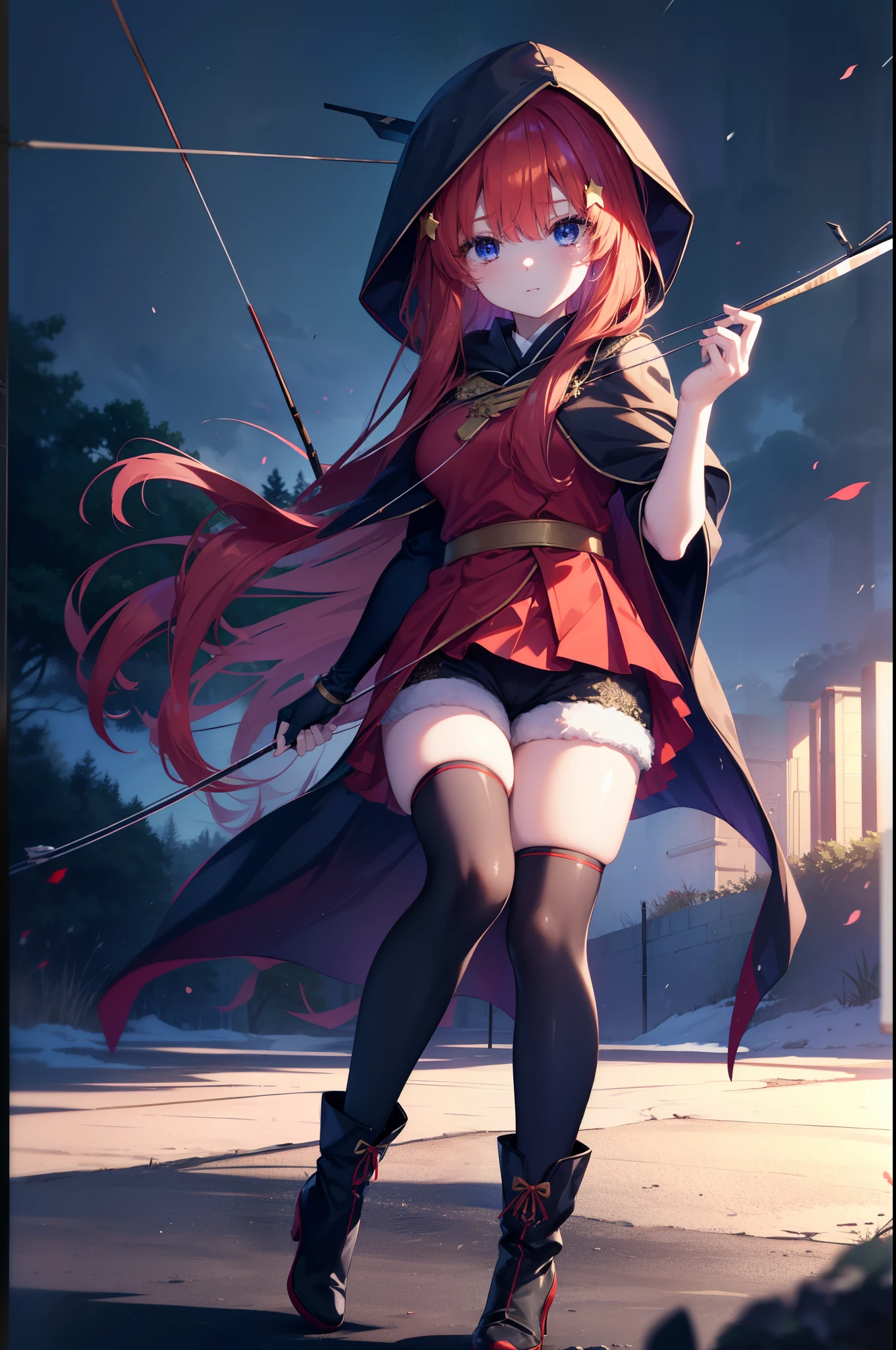 itsukinakano, Itsuki Nakano, bangs, blue eyes, hair between eyes, , redhead, star \(symbol\), hair ornaments, star hair ornaments,hood up,holding a bow and arrow in his hands, anime girl with bow and arrow, Gviz, wield a bow, asymmetrical clothes, boots, cloak, goblin, gloves, red Thighhighs, high heels, shorts, Thighhighs,
break outdoors, forest,forest林,
break (masterpiece:1.2), highest quality, High resolution, unity 8k wallpaper, (figure:0.8), (detailed and beautiful eyes:1.6), highly detailed face, perfect lighting, Very detailed CG, (perfect hands, perfect anatomy),