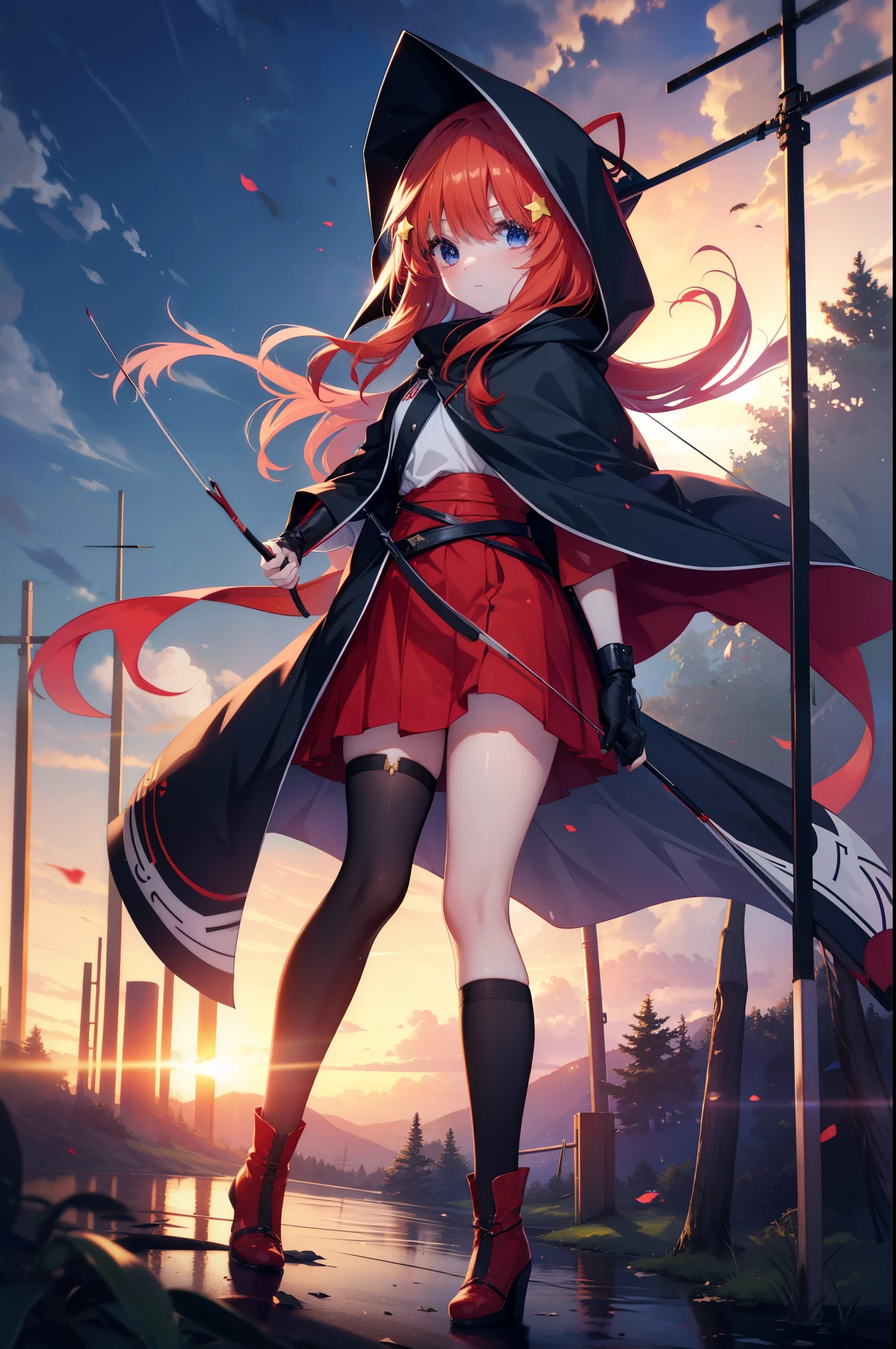 itsukinakano, Itsuki Nakano, bangs, blue eyes, hair between eyes, , redhead, star \(symbol\), hair ornaments, star hair ornaments,hood up,holding a bow and arrow in his hands, anime girl with bow and arrow, Gviz, wield a bow, asymmetrical clothes, boots, cloak, goblin, gloves, red Thighhighs, high heels, shorts, Thighhighs,
break outdoors, forest,forest林,
break (masterpiece:1.2), highest quality, High resolution, unity 8k wallpaper, (figure:0.8), (detailed and beautiful eyes:1.6), highly detailed face, perfect lighting, Very detailed CG, (perfect hands, perfect anatomy),