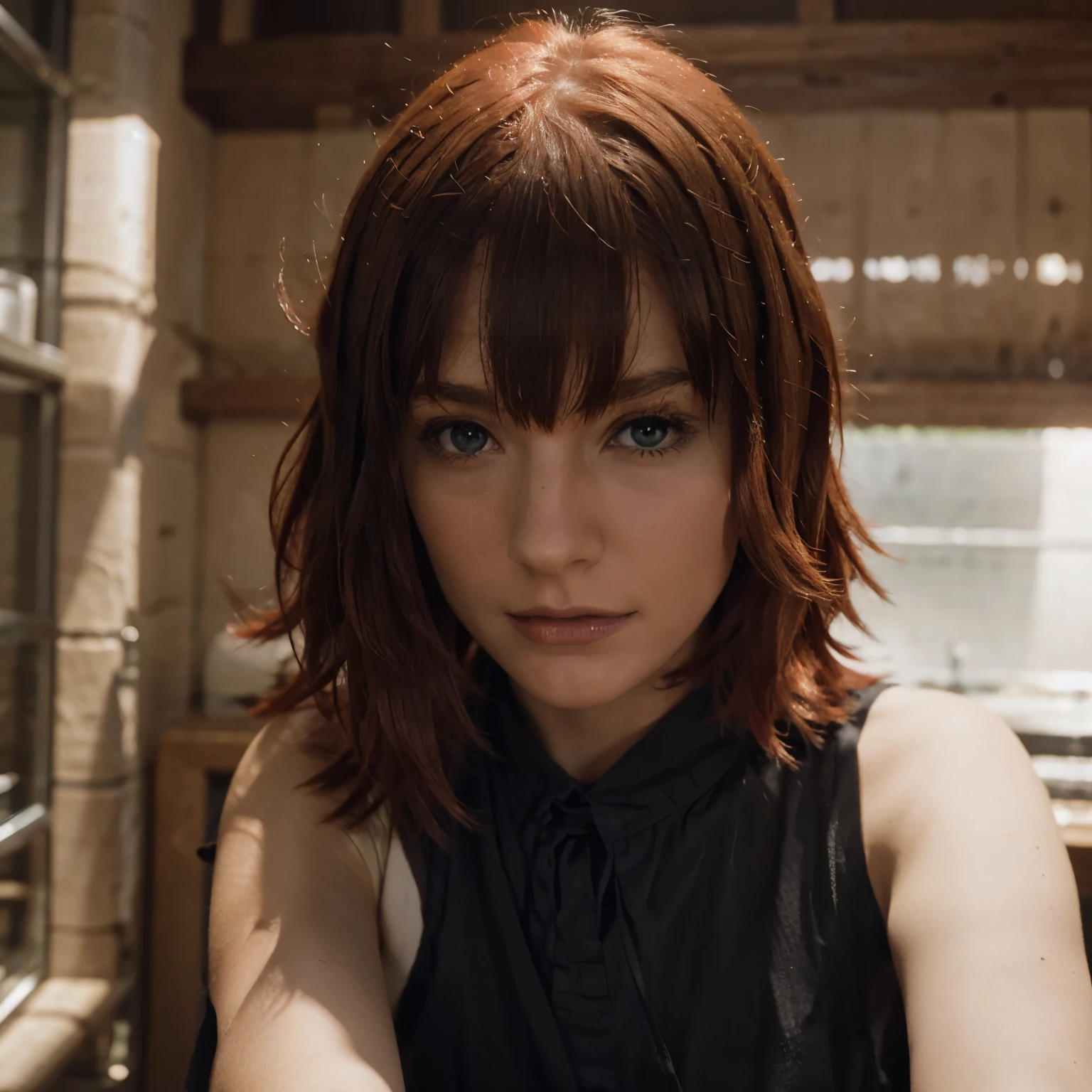Beautiful girl. Devola. Redhead. She is wearing red pants, a black blouse and a white apron. In a large desert with dunes. She is sad and crying.