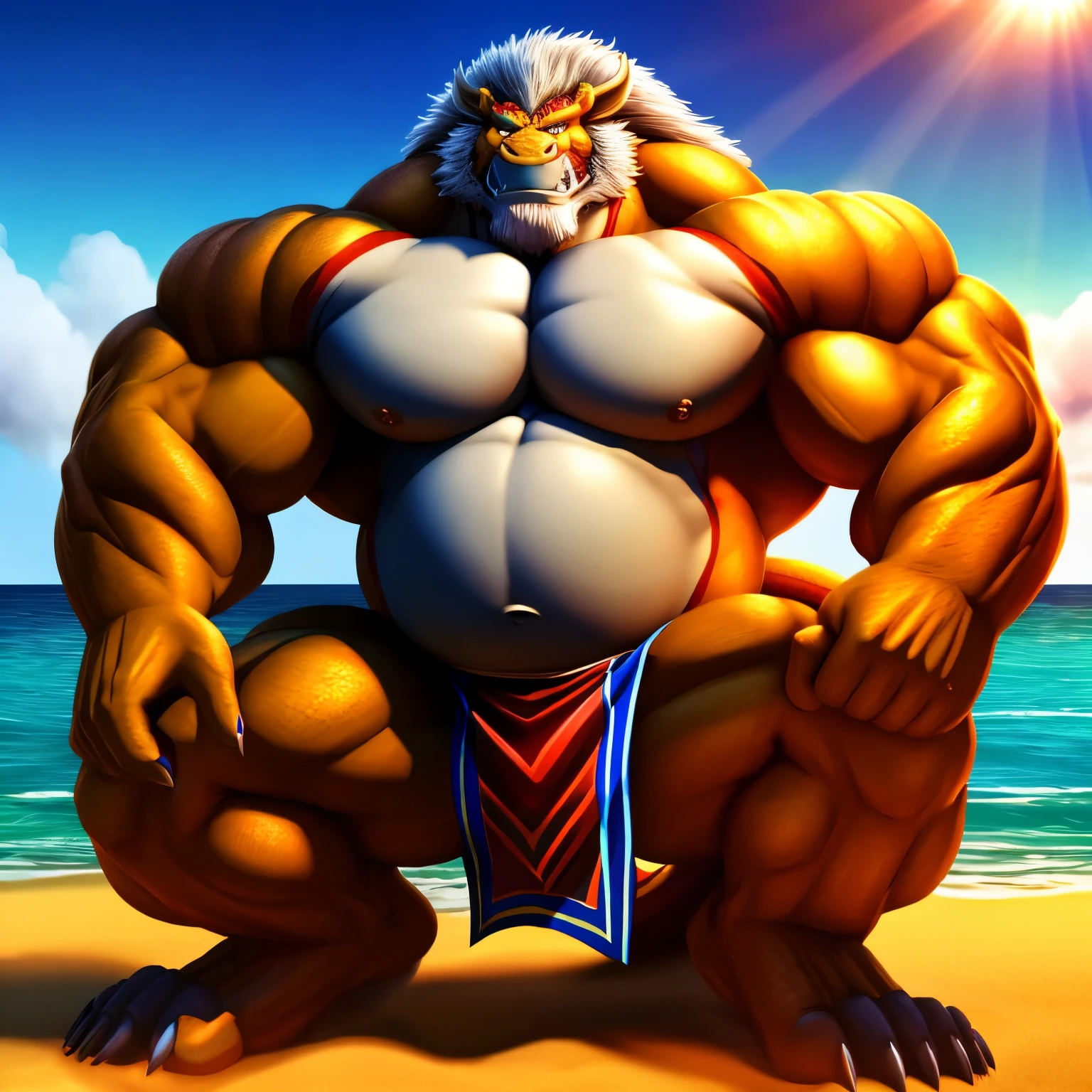 kaido, eastern dragon king, male dragon, eastern dragon, very big muscles, hulking, extremely strong, big abdominal muscles, hefty musclegut, pecs, muscular dad body, Strong and robust musclegut , strong abs, sharp claws, dragon feet claw, full body, loincloth, one piece, HDR, nipples, sunlight, daylight, outdoor, bright , sunshine, at noon, fighting pose, good weather, on sea beach
