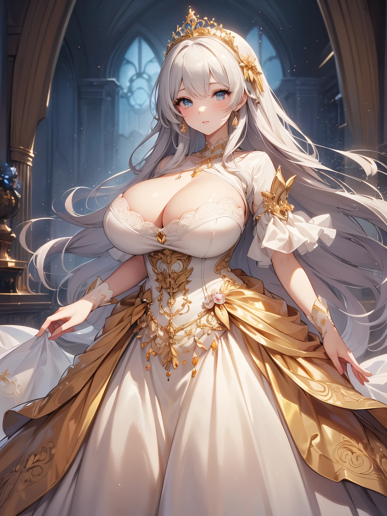 ((anime moe artstyle)),anime art,((Masterpiece)),(Best Quality), (Super Detail),(((Very Delicate and Beautiful))),Solo,((full body)),full body portrait,((etting princess in a beautiful embroidery and jeweled enormous luxurious voluminous crinoline rococo ballgown)),(((very very gigantic tits,cleavage,curvy))),Skindentation,((fantasy castle)),((crinoline,long train,voluminous full length hoop skirt)),beautiful embroidery and jeweled,(((enormous luxurious voluminous crinoline rococo ballgown))),(detailed face and eyes),jewel-like eyes,((extremely voluminous straight Hair,Extremely Long Straight Hair)),extremely gorgeous hair ornament,((extremely gorgeous bling-bling big tiara)),bling-bling luxurious jewelry,Beautifully detailed lots of lace and ruffles,(Dynamic Angle),((beautiful embroidery and jeweled gorgeous enormous luxurious voluminous crinoline rococo ballgown)),voluminous full length hoop skirt,full body