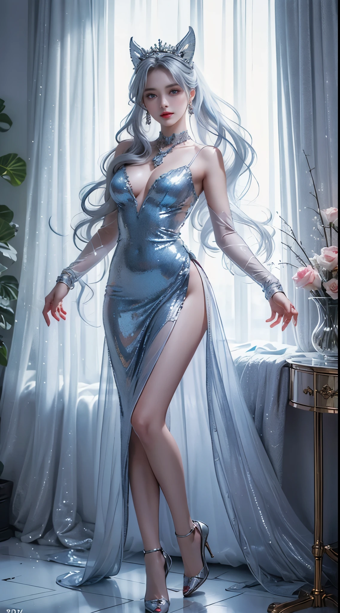top quality work,realistic work,Ultra premium graphics,8K HD CG作品,high quality graphics,High-definition CG work,10x pixels,super fine details:1.1,Advanced technical details:1.1Real as a photo,indoor lighting effects:1.5,Natural light:1.5. light effect(virtual light effect:1.8),超A high resolution,shiny blue dress,長いsilver hair,silver hair,transparent hair,high detail hair(premium hair detail:1.1)clear eyes,beautiful double eyelids,sharp eye makeup, delicate eyelash makeup, thin eyebrows, highly detailed eyes,high nose, nice red lips, rose cheeks, A face with delicate makeup , cute face, perfectly proportioned face,(Advanced facial details:1.1)Collection of shiny blue luxury dresses,blue sequin dress,sequin coat,shiny,tight long skirt,Summer Sexy Hip Wrap Fishtail Sleeveless Commuter Maxi,horse stockings 100%Oil Gloss Pantyhose Gloss Silk Cluster 8D Black Silk Woman,stiletto heels,beautiful long dress,amazing dress,bright red series,haute couture dress collection,dress photo shoot,authentic dress work,At the banquet hall,women's artwork,full body figure,goddess of dresses,realism,wonderful,My eyes are bright today