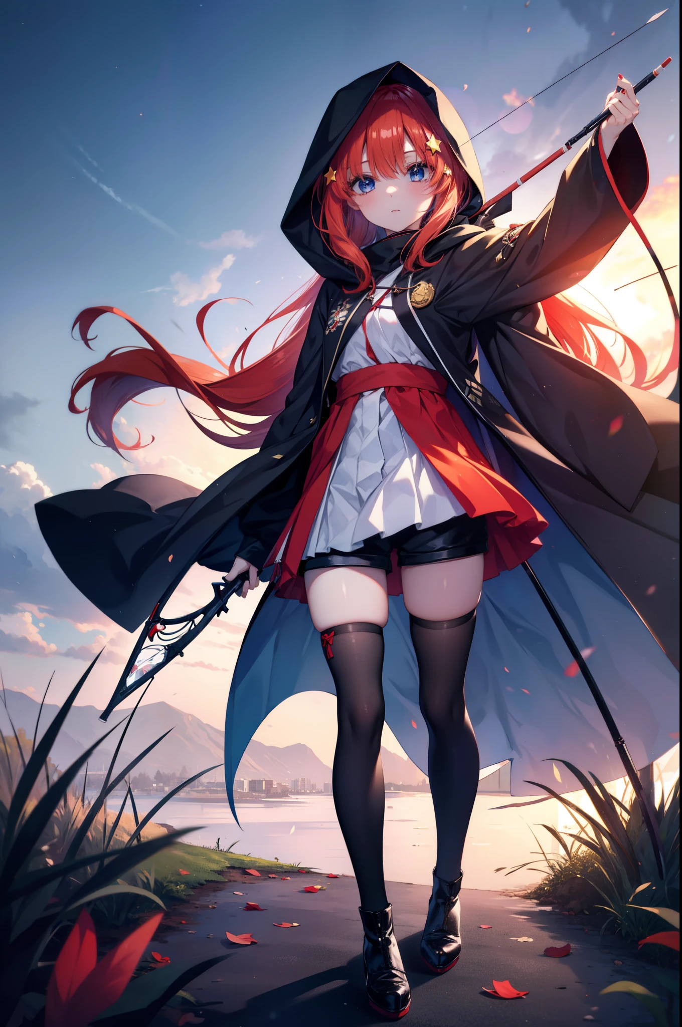 itsukinakano, itsuki nakano, bangs, blue eyes, Hair between the eyes, Redhead, star \(symbol\), hair ornaments, star hair ornaments,Long Hair,Owns an archery grip in the right hand,Carrying an archery bag,He has a quiver on one side, boots, Cape,gloves, red Knee socks, High heels, Shorts, Knee socks,whole bodyがイラストの中に入っていくように,歩いている
break outdoors, forest,forest林, break looking at viewer,whole body, 
break (masterpiece:1.2), Highest quality, High resolution, unity 8k wallpaper, (shape:0.8), (Fine and beautiful eyes:1.6), Highly detailed face, Perfect lighting, Highly detailed CG, (Perfect hands, Perfect Anatomy),