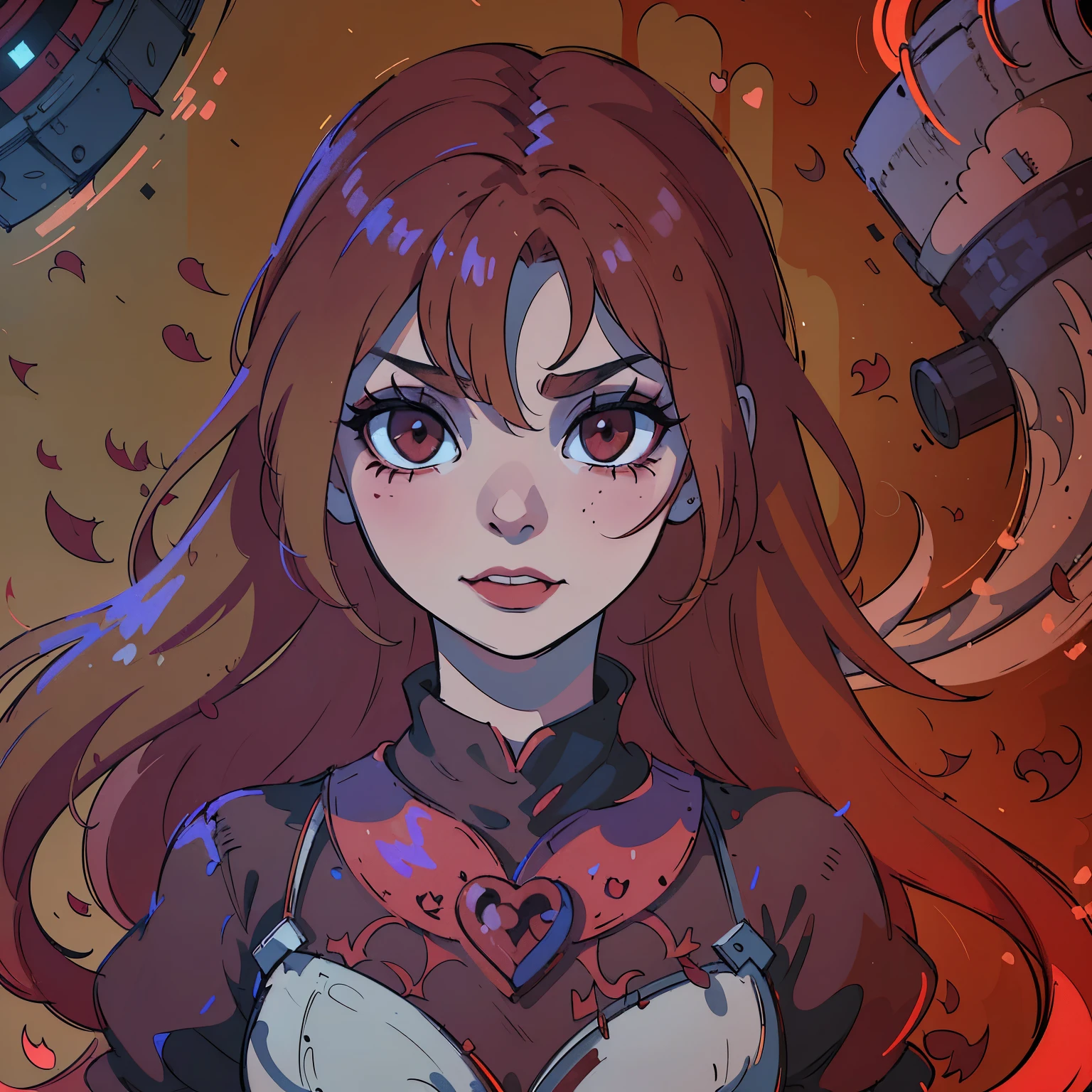 (best quality,4k,8k,highres,masterpiece:1.2),ultra-detailed,(realistic,photorealistic,photo-realistic:1.37),blood red hair,blood red eyes,extremely detailed eyes and face,lighter skin, detailed teeth,vivid colors,dark shadows,dramatic lighting,gothic,horror,portrait,very red hair,beautiful nose,smile, Do not alter the hair fringe,Red lipstick, smile with beautiful teeth, drawing of a heart symbol painted in red on the right cheek, do not change your mouth anymore.
