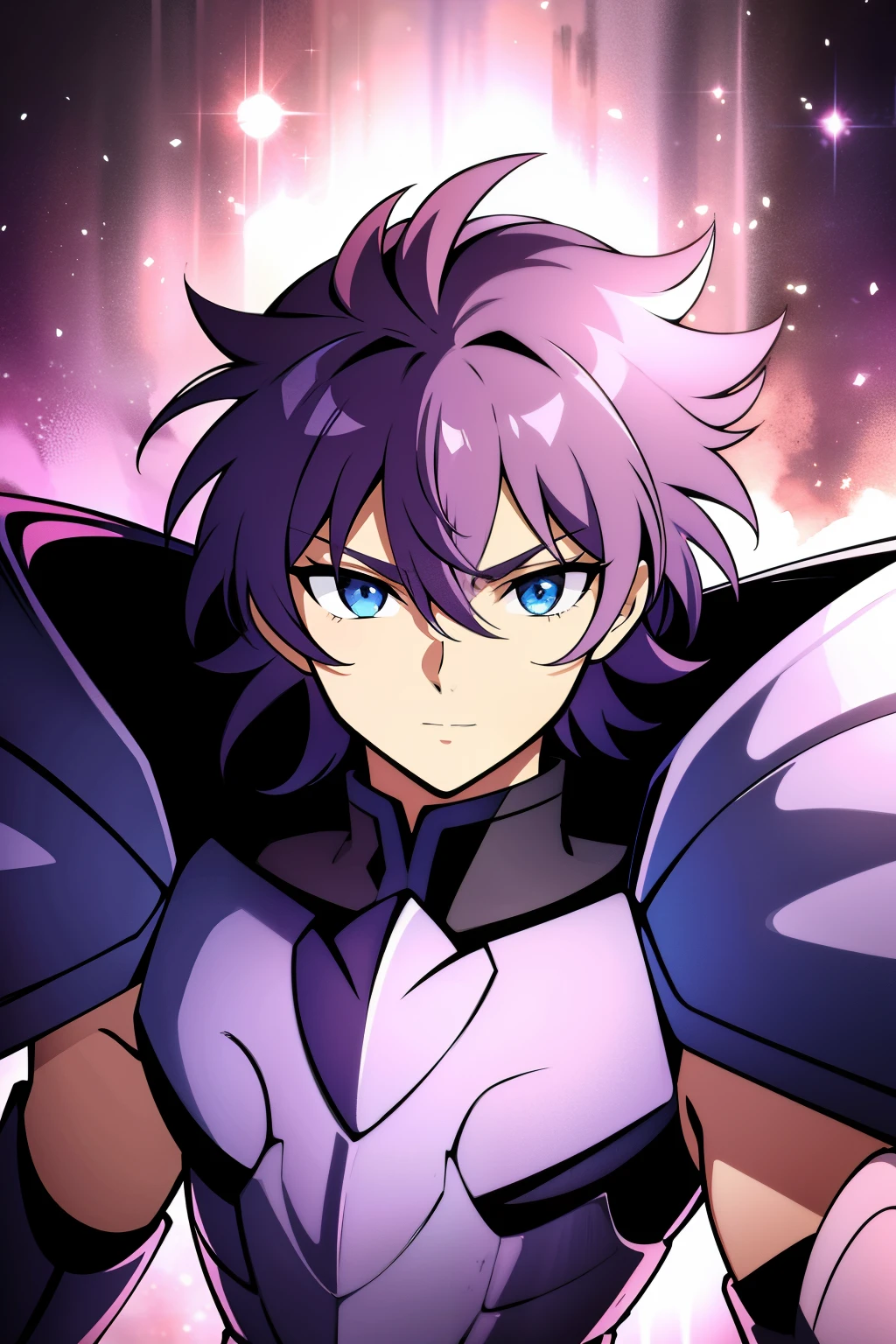 (high-quality, breathtaking),(expressive eyes, perfect face), 1boy, male, solo, half body, armor, dark onyx purple armor, saint seiya armor, spectre armor, fantasy armor, pink hair, short length hair, brown eyes, ( watercolor \(medium\), black background, small smile, zoom out, stylized hairstyle
