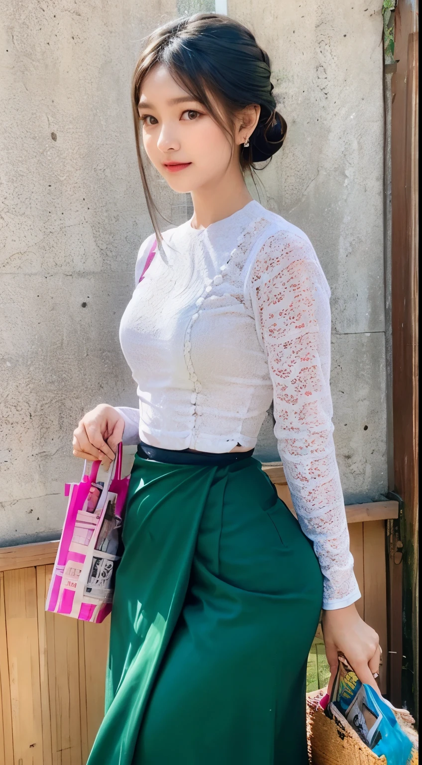 photorealistic, high resolution, masterpiece, best quality ,ultra-detailed, 1women, hair bun , jesmine flower on the head,  mature female, solo, hips up, (wearing acmmsayarma outfit, acmmsayarma white top with buttons, long sleeves), ((acmmsayarma green long skirt))