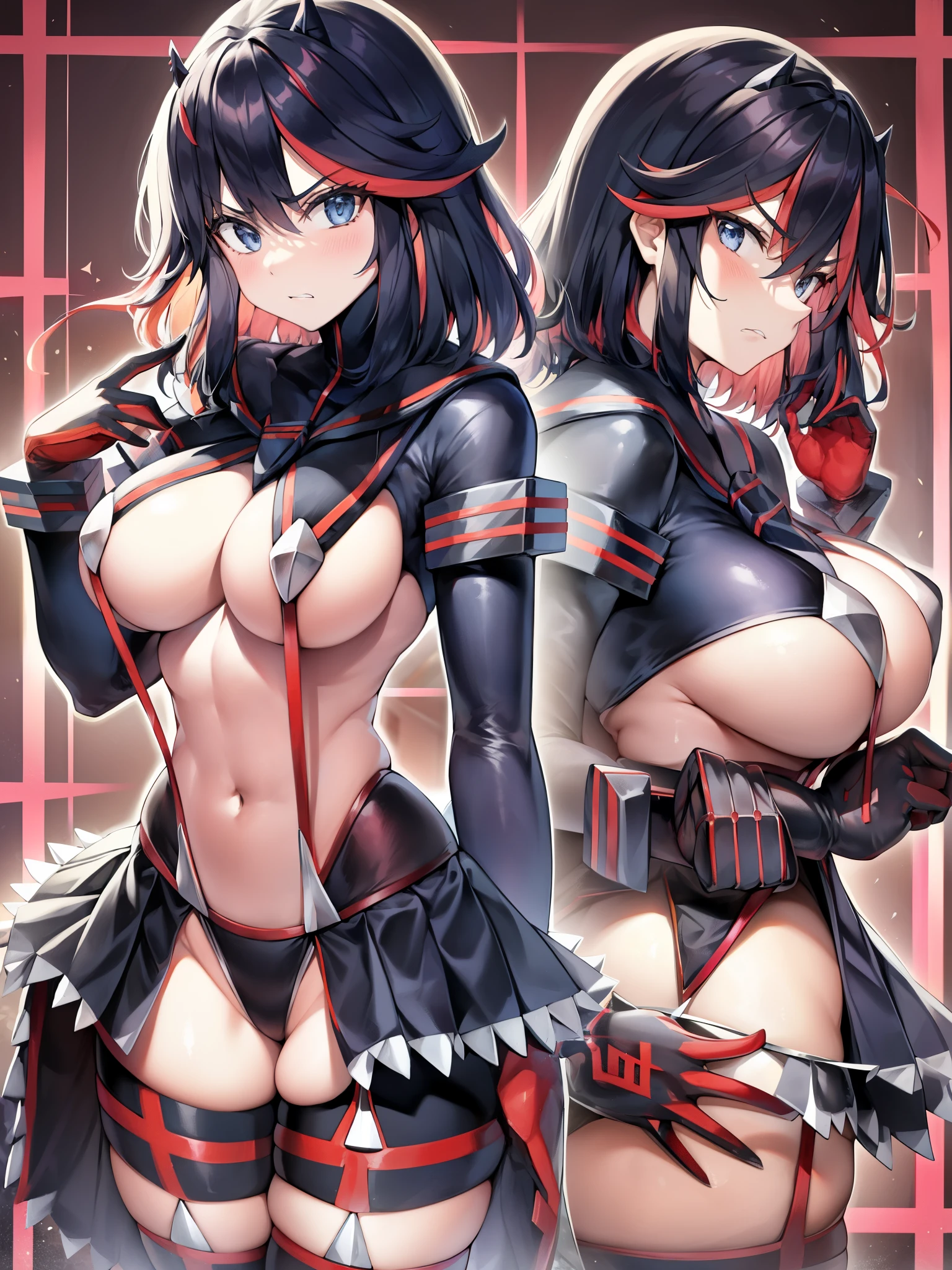 Kill la Kill、Honnoji Gakuen、solo、1 person、big tits milf、big tits milf、Stalker、blood更衣、(((high kick)))+++、(((high kick)))+++、(((high kick)))+++、(((high kick)))+++、A black sailor suit with a purpose、(((open exposure)))+++、「nudist beach」、「Even if I die, I have to take it off.!! Must be、Also『blood』I probably won't be able to wear it.!」、sukeban girl。Hair with red mesh bangs、ぶっきらぼうな性格But、The roots are kind and compassionate。huge red「Katachi scissors」、Bruised body、「blood」Wear it as a short sailor uniform.、Hanging the skirt with suspenders。「blood」But、With her increased exposure, she looks like a slut。blush。red glove「red hand armor」、「blood」Tools that can withstand the power of「Katachi scissors」only。Initially, I carried it on my back in a bag that looked like a square guitar case.、Since I was able to change the size of my scissors, I have kept them smaller in a holster that I carry on my waist.。love affair、He's a pretty nice buddy、According to Mako's perspective, her breasts are bigger than Satsuki's.。Also絵師や作画により変わる為、Not a noticeable feature、double teeth。monster of life war tissue、Wear striped underwear。