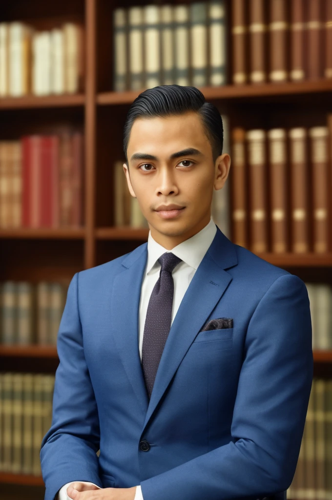 (classy, professional) portrait of a Indonesia lawyer, 25 years old, wearing a sophisticated suit with a perfectly tailored tie. He has a confident and determined expression on his face, showing his expertise and experience in the legal field. The portrait is done in a realistic and photorealistic style to capture every detail of the lawyer's features, including his beautifully detailed eyes, well-defined eyebrows, and clean-shaven face. The lighting is soft and dramatic, highlighting the lawyer's sharp and intelligent gaze. The background is a modern law firm office with shelves filled with law books, adding to the professional atmosphere. The colors are rich and warm, with a touch of blue tones to evoke a sense of trust and authority. The overall quality of the image is of the highest resolution, with ultra-fine painting details and vivid colors to create a stunning masterpiece.