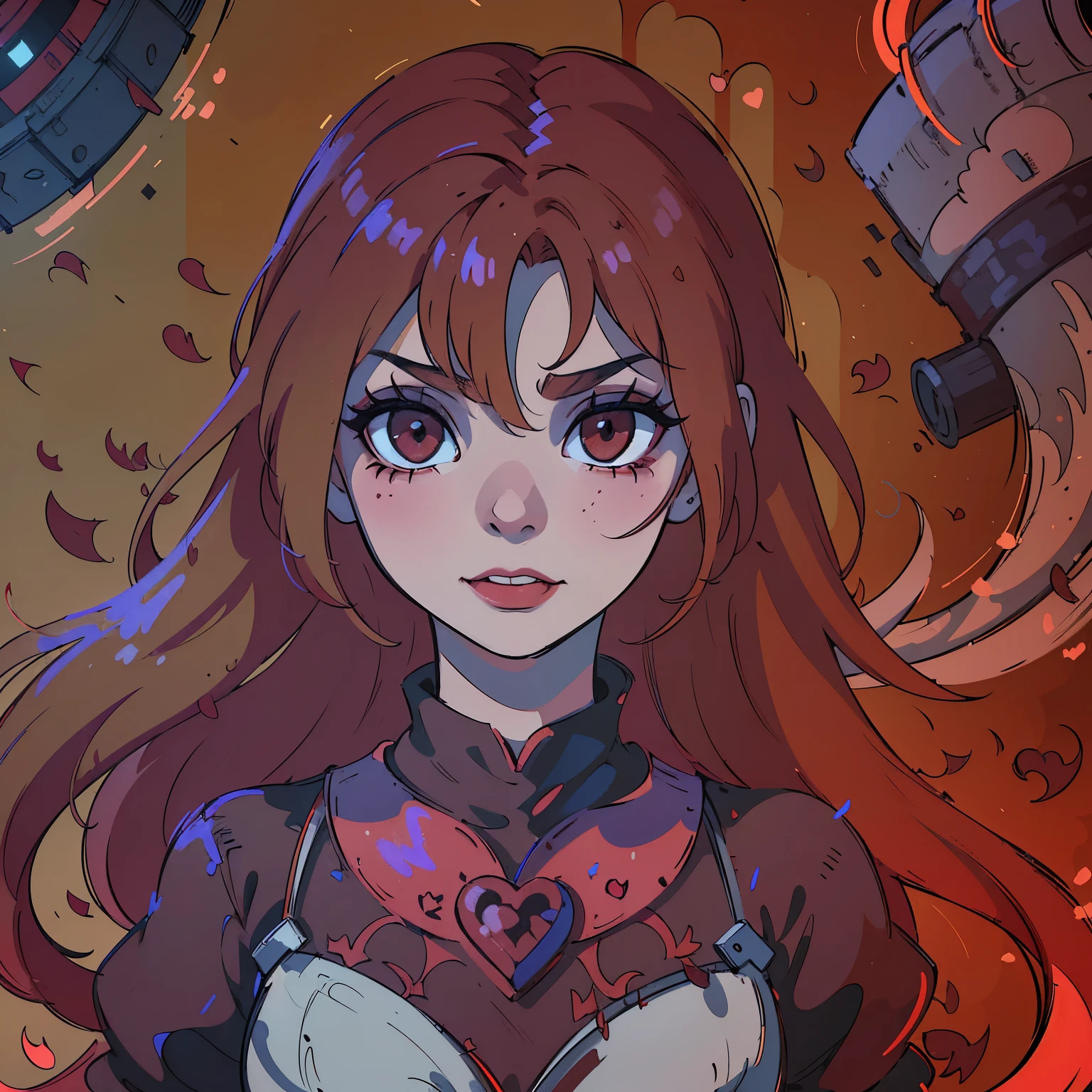 (best quality,4k,8k,highres,masterpiece:1.2),ultra-detailed,(realistic,photorealistic,photo-realistic:1.37),blood red hair,blood red eyes,extremely detailed eyes and face,lighter skin, detailed teeth,vivid colors,dark shadows,dramatic lighting,gothic,horror,portrait,very red hair,beautiful nose,smile, Do not alter the hair fringe,Red lipstick, smile with beautiful teeth, drawing of a heart symbol painted in red on the right cheek, do not change your mouth anymore.
