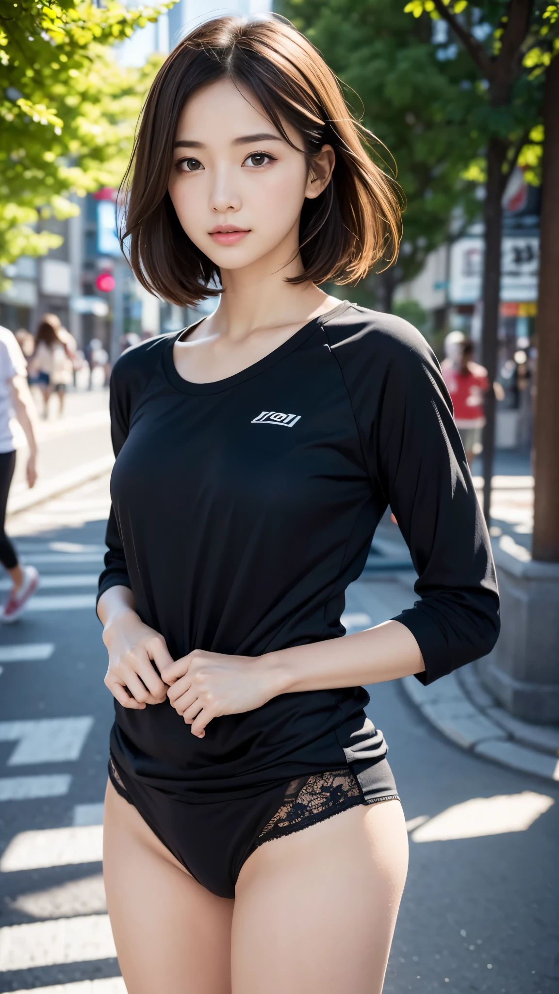 best quality, masterpiece, ultra detailed, (realistic:1.4), photon mapping, outdoor, tokyo, akihabara, blue sky, fine day, beautiful background BREAK
1girl, :0.1, (best shadow), kawaii, hair ornament, small breasts, wavy short brown hair, brown eyes, cute face, cute eyes, embarrassed, no make up, nude BREAK
only shirt, black shirt, (no panty), running, jogging, public hair, (pubic hair), 