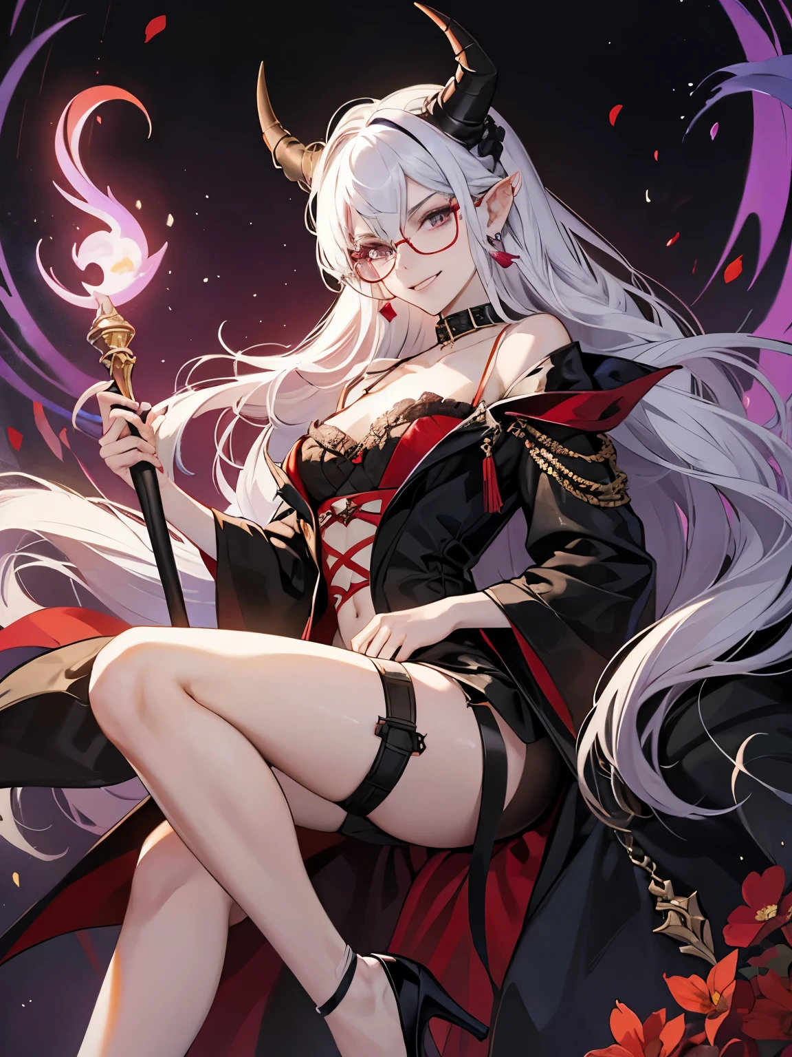8k, masterpiece, best quality, highly detailed, 1 girl, tiefling, warlock, pixie cut, multicolored hair, very short straight hair red highlight hair on white hair, strippled hair, wearing glasses, round glasses, earrings, navel piercing, red eyeshadow, long eyelashes, blushed cheek, red lips, pearl necklace, rings, collarbone, mole on face, glamorous, teal and purple clothes, miniskirt, smirk, close up view, rings, looking at viewer, demon horns, solo, blood red moon, standing, royal dress, chains, firing fire blast