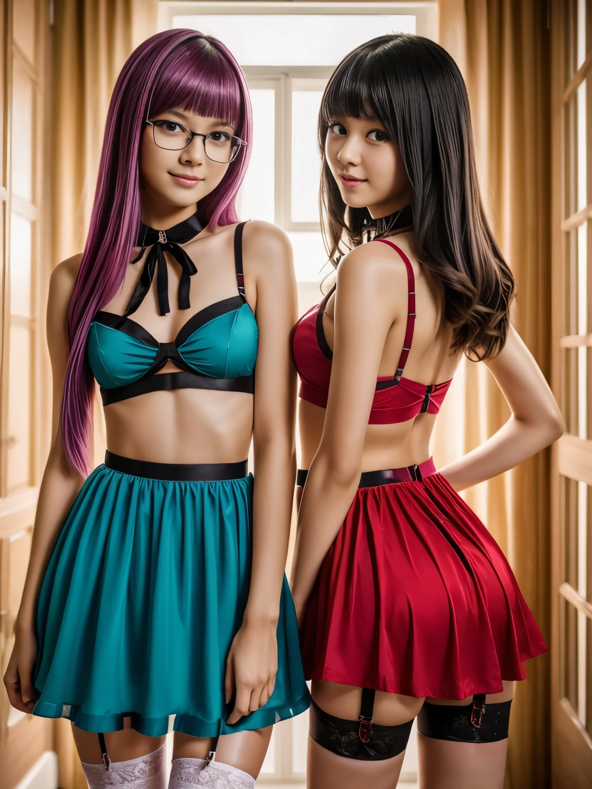 two 18 year old ten girls, two close friends, sitting or kneeling or bending over, showing between legs, cut out dress, perfect faces like young asian teen models, colored hair, kawai cosplay girls, colored short dresses, dress with straps, choker, skinny body, innocent expression, enticing, garter with stockings, good lighting, cute glasses, back straps, bright playful, thin model, cute young teen girls, tattoos, silk panties, dress with cutouts