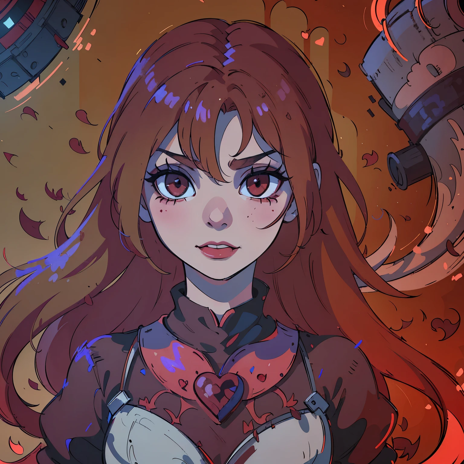 (best quality,4k,8k,highres,masterpiece:1.2),ultra-detailed,(realistic,photorealistic,photo-realistic:1.37),blood red hair,blood red eyes,extremely detailed eyes and face,lighter skin, detailed teeth,vivid colors,dark shadows,dramatic lighting,gothic,horror,portrait,very red hair,beautiful nose,smile, Do not alter the hair fringe,Red lipstick, smile with beautiful teeth, drawing of a heart symbol painted in red on the right cheek, do not change your mouth anymore.