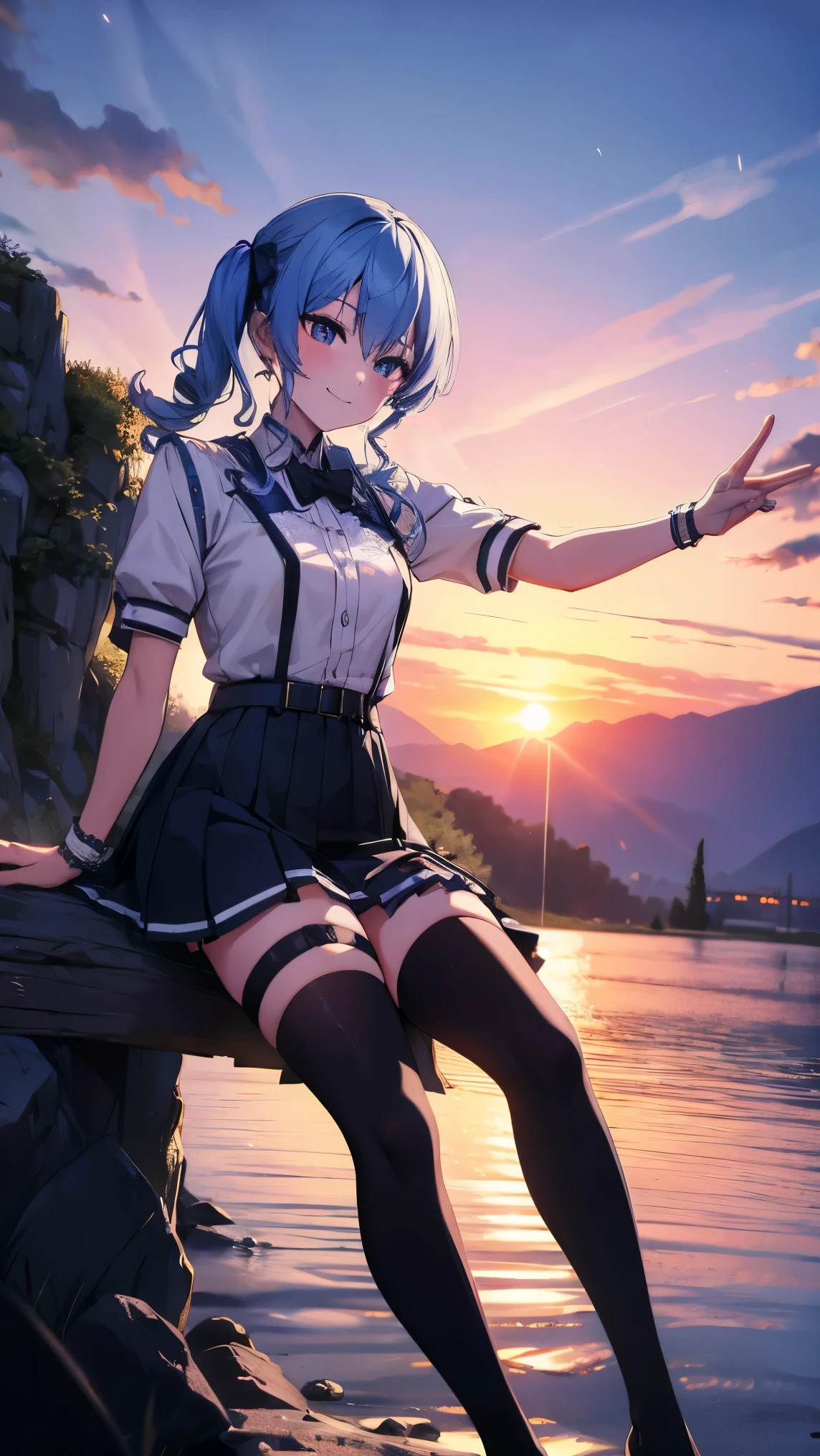 Hololive_hoshimachi suisei_fantasy_black stockings_shortcut_Idol_raw stone star_star star_a handsome guy_delivery_Virtual YouTuber_smile_date_Cafe_move_thank you_bless_thank you_posing_uniform_high school girl_student_beautiful feet_glossy_highest quality_masterpiece_medium hair_髪型はshortcut_beautiful_lake畔_lake_Nature_sexy_Fengjun_Bewitching_Enchanting_evening_sunset