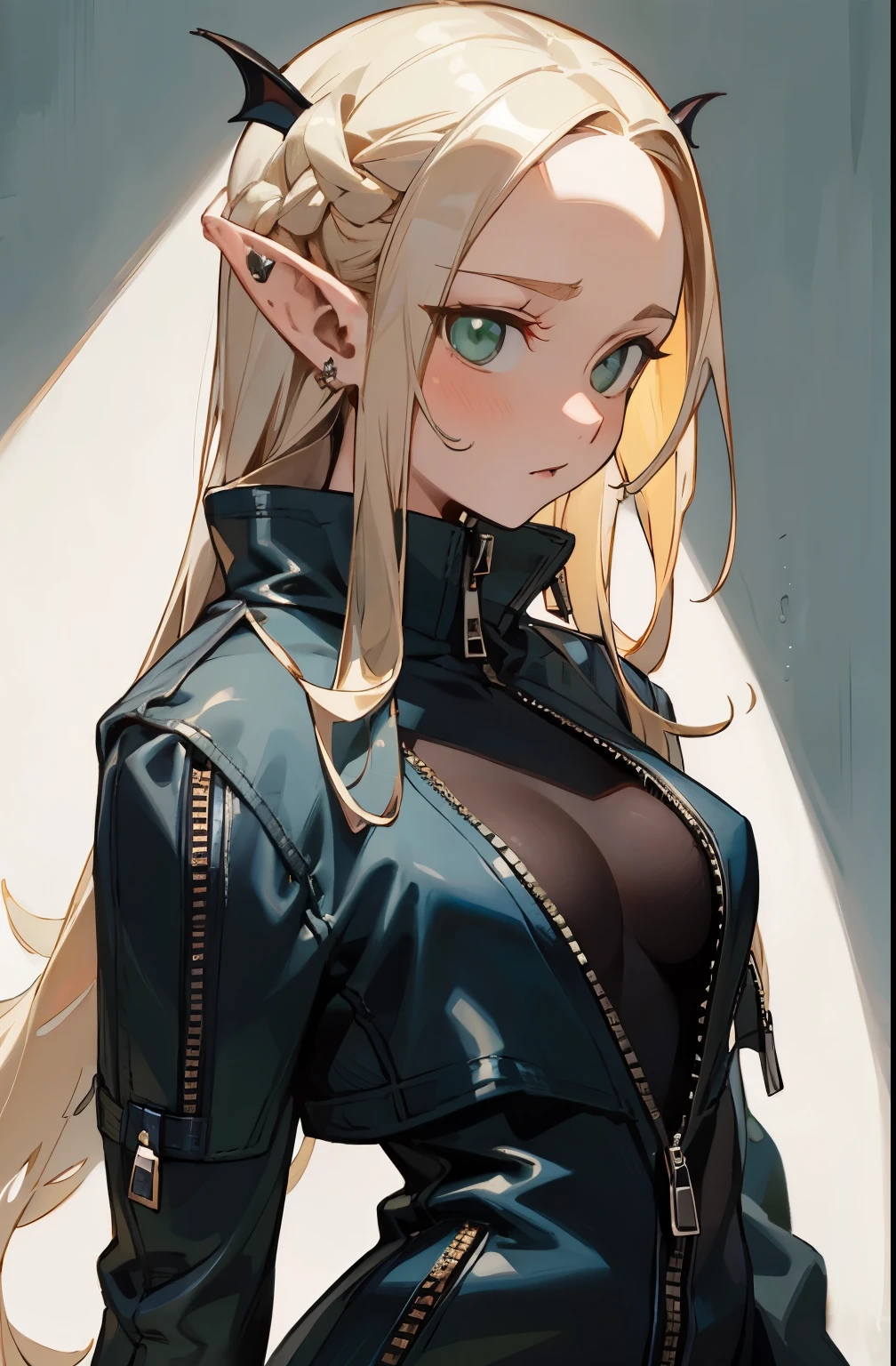 (masterpiece, best quality) detailed, silver accessories , zipper unzipped , blond ,elegant, pointed ears ,torn clothes,maid,Off the shoulders,whole body