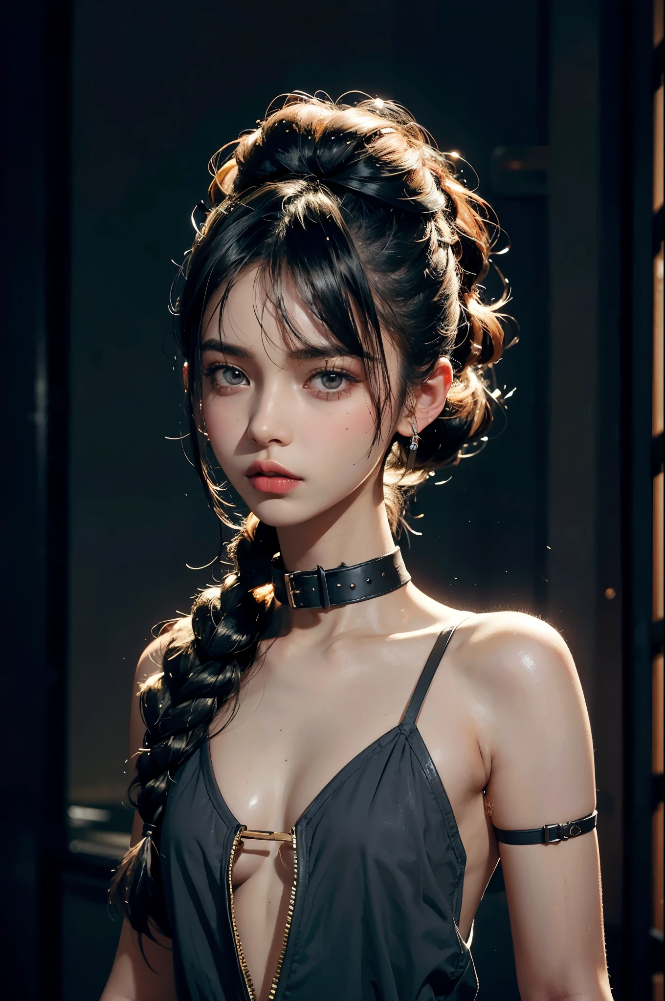 a 19 year old slave girl,(Rusty collar locks the neck)(High top fade in and out:1.3),long hair,dark theme, soothing tone, pastel colors, high contrast, (natural skin texture, Surrealism, soft light, sharp),