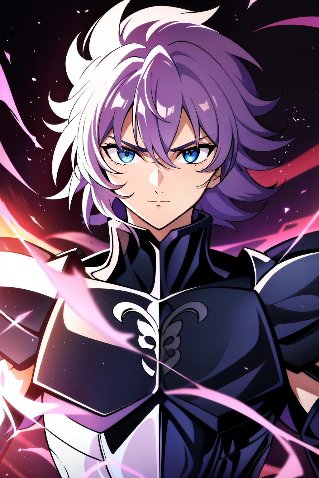 (high-quality, breathtaking),(expressive eyes, perfect face), 1boy, male, solo, half body, armor, dark onyx purple armor, saint seiya armor, spectre armor, fantasy armor, pink hair, short length hair, brown eyes, ( watercolor \(medium\), black background, small smile, zoom out, stylized hairstyle, narrow eyes
