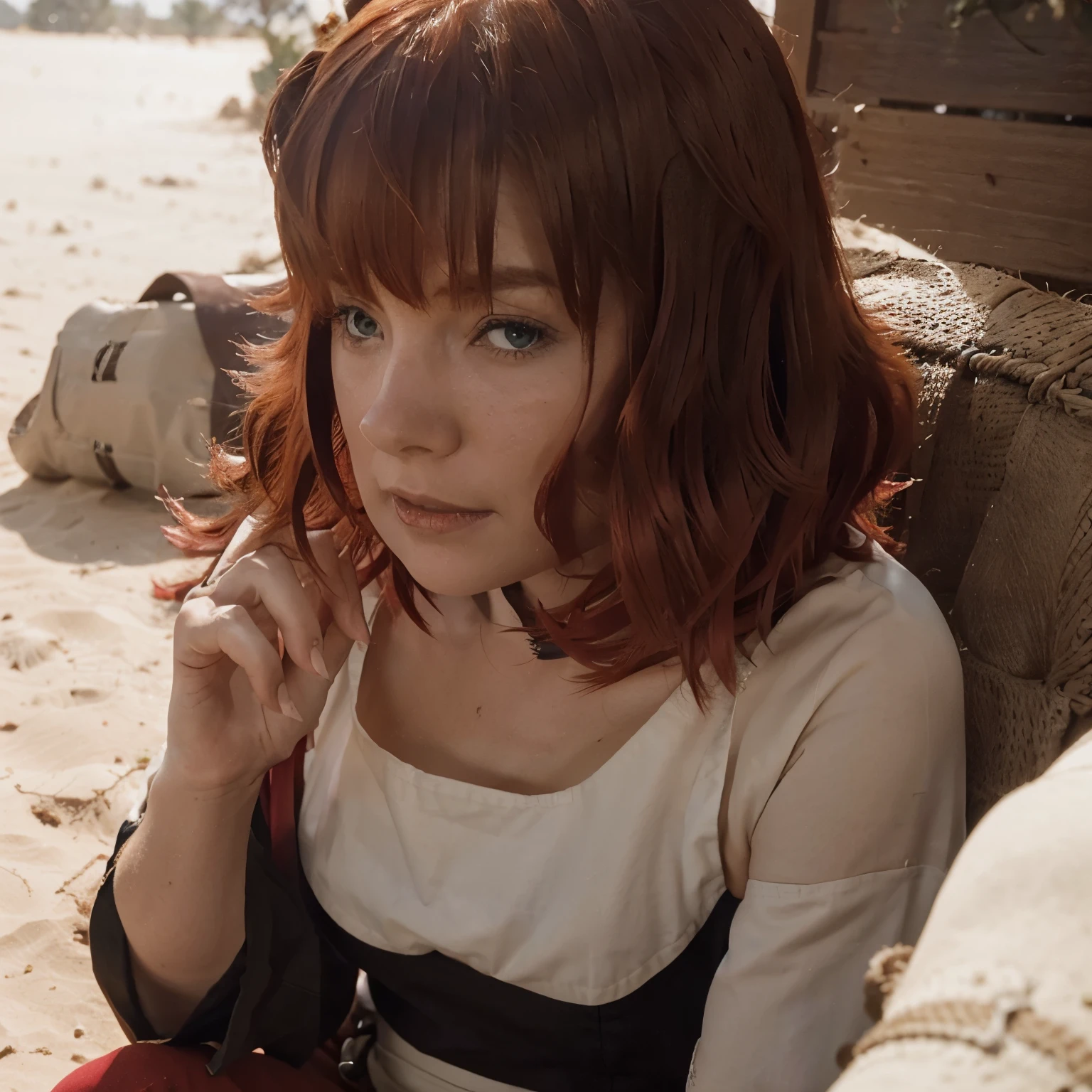 Beautiful girl. Devola. Redhead. She is wearing red pants, a black blouse and a white apron. In a large desert with dunes. She is sad and crying.