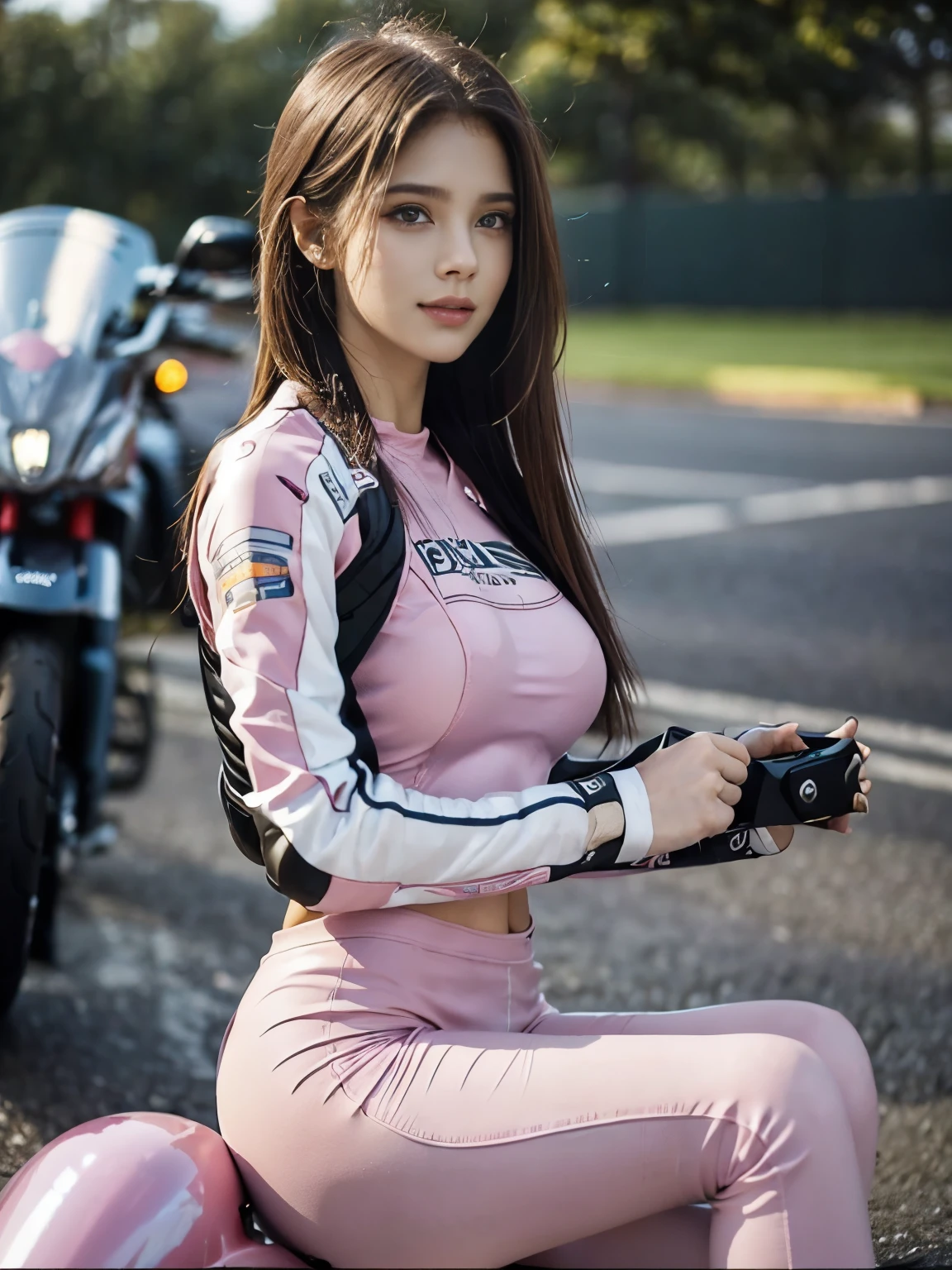 (realistic:1.5), 8k, Super delicate beauty, 1 girl, intricate body details, (short: 1.3), (highest quality: 1.0), (Super high sharpness: 1.0),(Beautiful and delicate depiction of eyes),((((ride a motorcycle)))),unreal engine:1.4, photorealistic:1.4, skin texture:1.4, masterpiece:1.8,highest quality、smile、long limbs、((pink racing suit and long pants))、thin、short hair