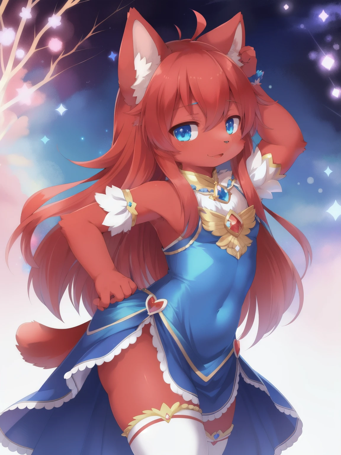 masterpiece, soft shading, 1boy, Furry, kemono, furry cat, anthropomorphic, male, red fur, red skin, blue eyes, magical girl theme, long hair, revealing clothes, magical girl outfit, blue magical girl dress, femboy, sexy pose, uploaded on e621,