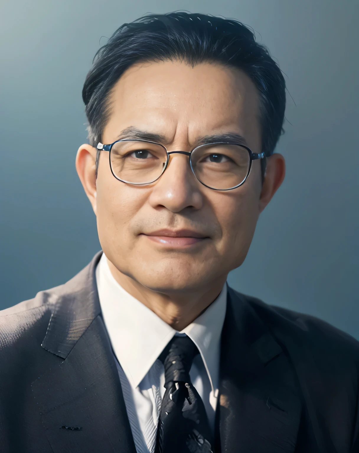 Highly realistic photo, ((masterpiece), (best quality), (raw photo), (photorealistic:1.4), Portrait of Vietnamese old man, 60 years old, ((black hair)), ((wearing a dark suit)), ((light blue background)), photo taken by Sony A7IV