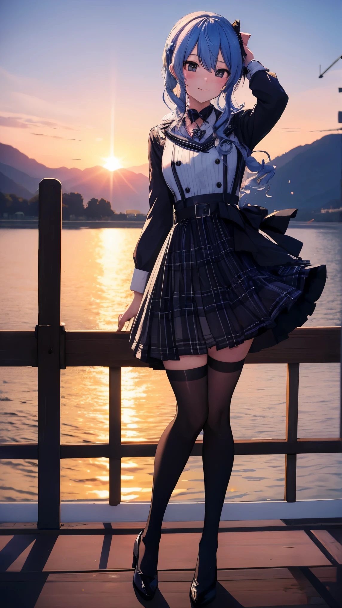 Hololive_hoshimachi suisei_fantasy_black stockings_shortcut_Idol_raw stone star_star star_a handsome guy_delivery_Virtual YouTuber_smile_date_Cafe_move_thank you_bless_thank you_posing_uniform_high school girl_student_beautiful feet_glossy_highest quality_masterpiece_medium hair_髪型はshortcut_beautiful_lake畔_lake_Nature_sexy_Fengjun_Bewitching_Enchanting_evening_sunset