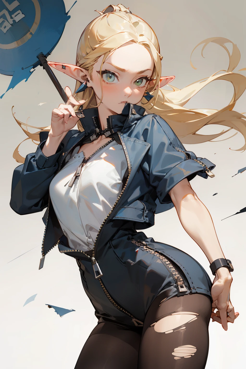 (masterpiece, best quality) detailed, Wearing black tights, silver accessories , zipper unzipped , blonde ,elegant, pointed ears ,Chinese element pattern,thigh,漏出thigh,white shirt,torn clothes