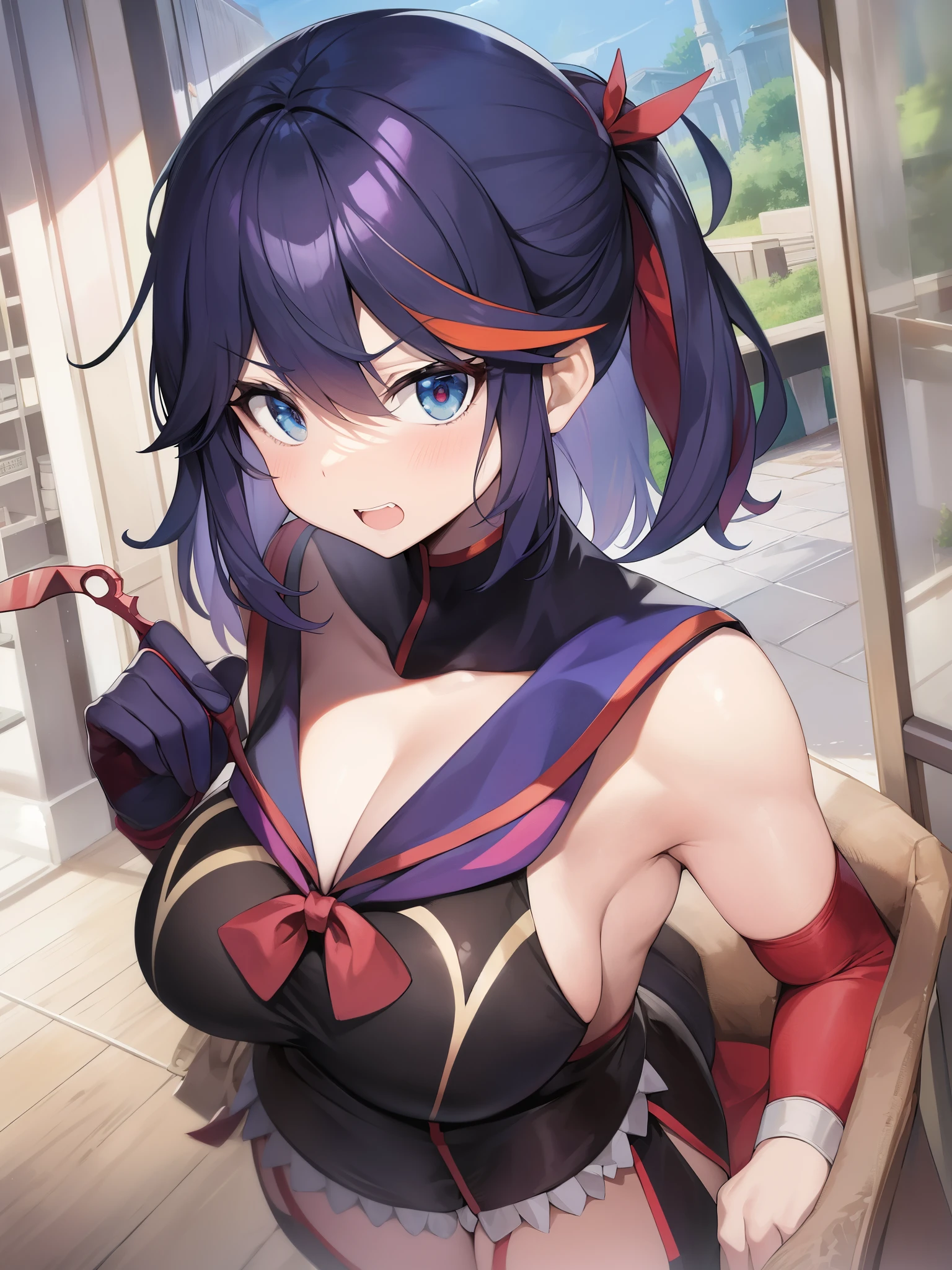 Kill la Kill、Honnoji Gakuen、solo、1 person、big tits milf、big tits milf、Stalker、blood更衣、A black sailor suit with a purpose、(((open exposure)))+++、「nudist beach」、「Even if I die, I have to take it off.!! Must be、Also『blood』I probably won't be able to wear it.!」、sukeban girl。Hair with red mesh bangs、ぶっきらぼうな性格But、The roots are kind and compassionate。huge red「Katachi scissors」、Bruised body、「blood」Wear it as a short sailor uniform.、Hanging the skirt with suspenders。「blood」But、With her increased exposure, she looks like a slut。blush。red glove「red hand armor」、「blood」Tools that can withstand the power of「Katachi scissors」only。Initially, I carried it on my back in a bag that looked like a square guitar case.、Since I was able to change the size of my scissors, I have kept them smaller in a holster that I carry on my waist.。love affair、He's a pretty nice buddy、According to Mako's perspective, her breasts are bigger than Satsuki's.。Also絵師や作画により変わる為、Not a noticeable feature、double teeth。monster of life war tissue、Wear striped underwear。