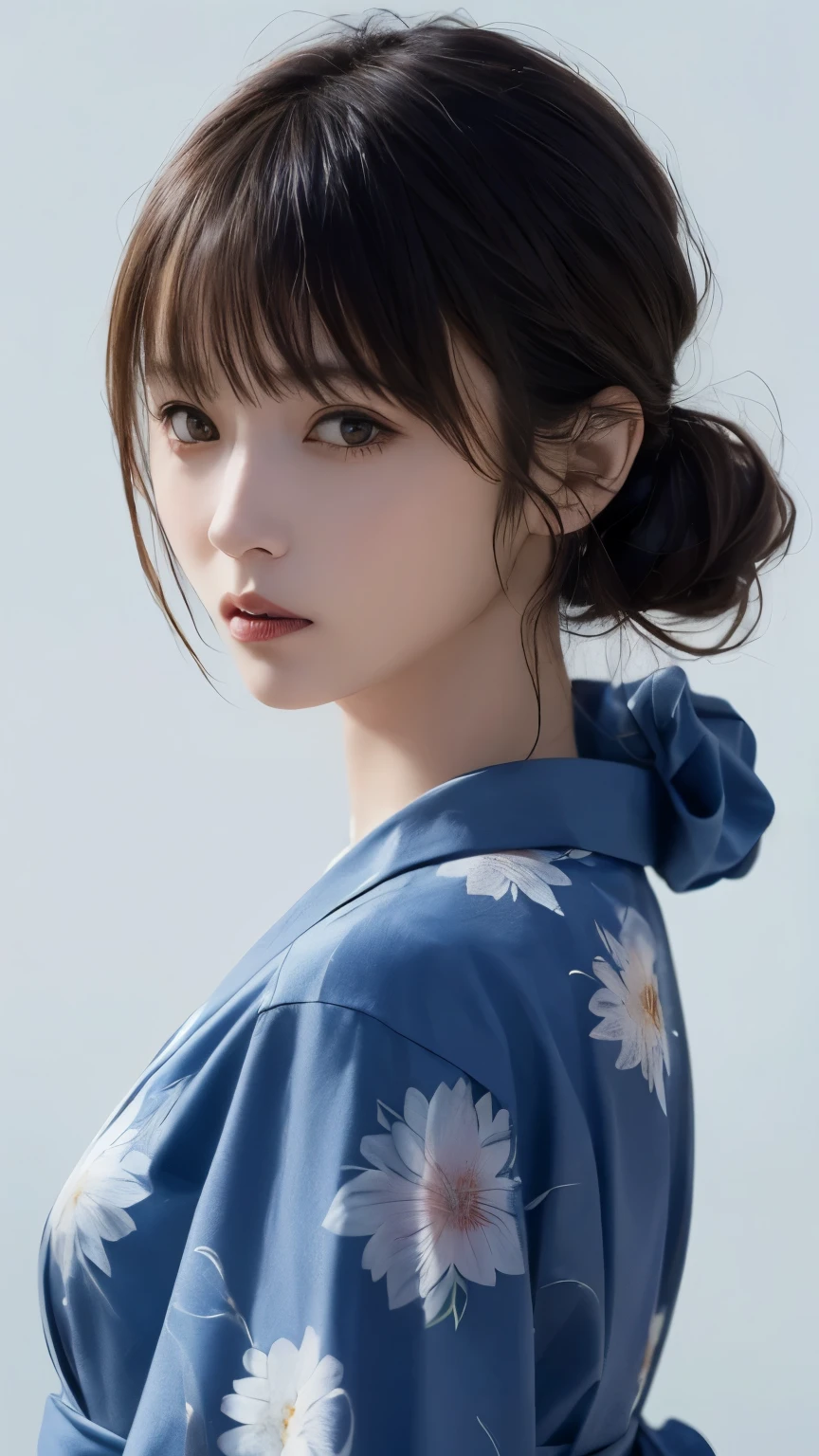 (highest quality、8k、32K、masterpiece)、(realistic)、(Photoreal:1.2)、(High resolution)、Super detailed、very beautiful face and eyes、1 girl、round and small face、thin waist、delicate body、(close、highest quality、high detail、rich skin details)、(highest quality、8k、oil paint:1.2)、Super detailed、(realistic、realistic:1.37)、(((I have black hair)))、(((bust shot)))、((ponytail))、(((Pure white wall background)))、(((She is wearing a blue and white yukata)))、(((pure white wall background)))、(((Polka-dot yukata)))、(((It's crisp)))、(((It's a serious look)))、(((Arms crossed in front of the chest)))、(((Her hair is tied up in a yellow scrunchie)))、(((He is standing proudly with his arms folded in front of his chest.)))、(((It's a straight face)))、(((facing forward)))、facing forward