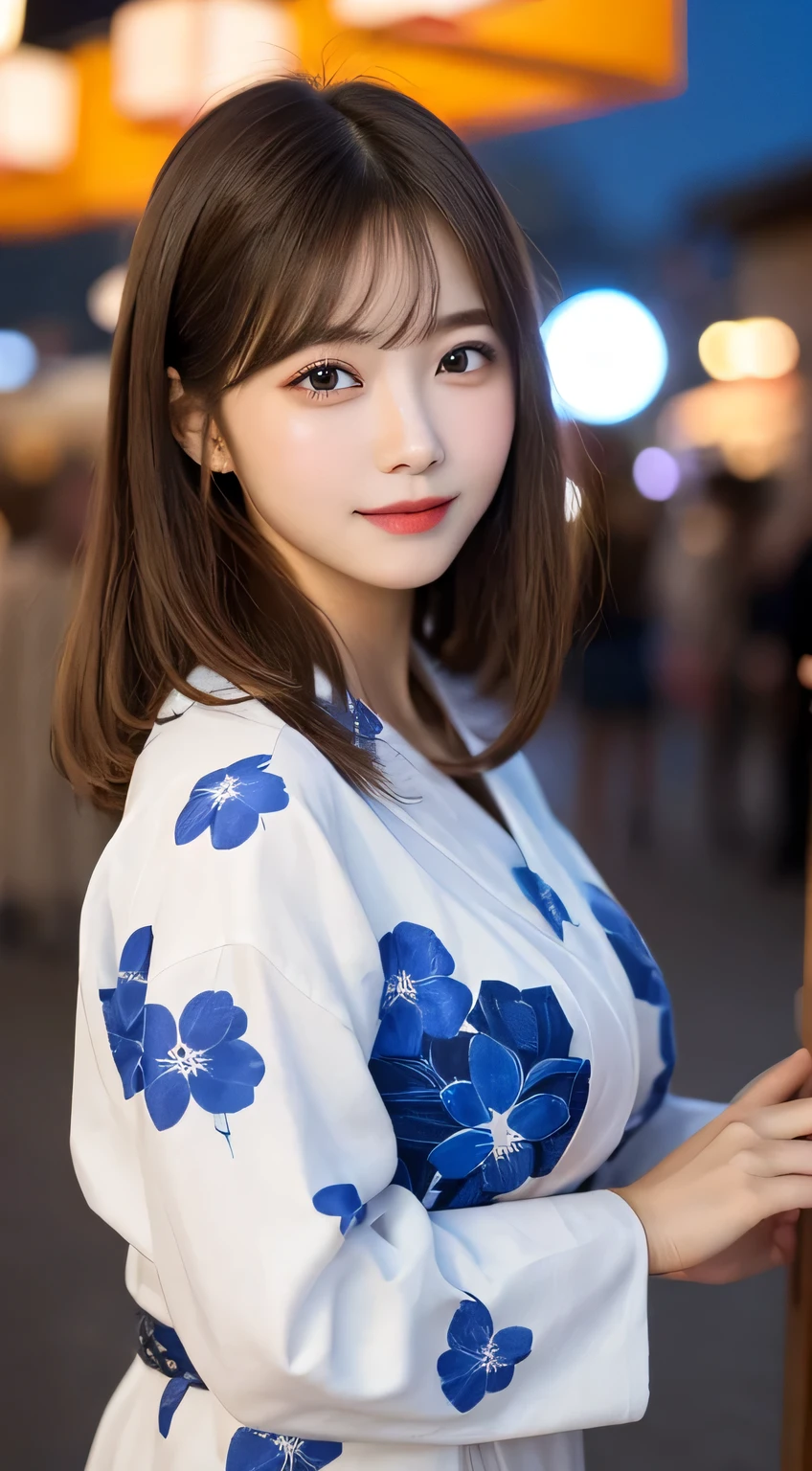 table top, highest quality, shape, Super detailed, finely, High resolution, 16k, perfect dynamic composition, straight hair, medium hair, brown hair,natural color lip, smile, 20歳のgirl、cute、beautiful、完璧でbeautiful顔, beautiful and detailed face, slim face and body, Elegant face, KPOP idol face、Japanese idol faces、small face、Big eyes, brown eyes, droopy eyes, 緻密でbeautiful目, girl,yukata, Summer festival, Vibrant festival lights and lanterns, hairpin and flowers, night, front face、Upper body