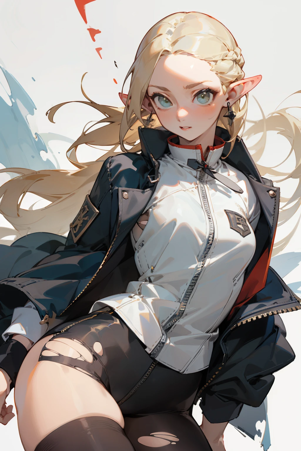 (masterpiece, best quality) detailed, Wearing black tights, silver accessories , zipper unzipped , blonde ,elegant, pointed ears ,Chinese element pattern,thigh,漏出thigh,white shirt,torn clothes