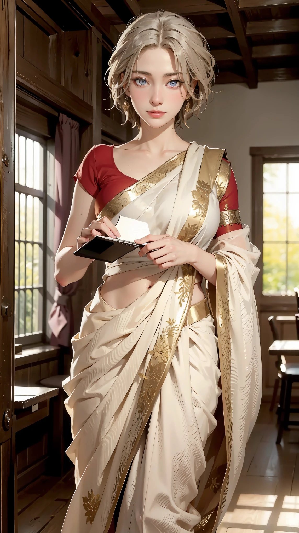 ((((masterpiece, best quality, high resolution)))), Extremely detailed 8K, Beautiful girl with voluptuous body, (Ultra HD, Ultra-detailed, Highly detailed, Highly realistic, Ultra-realistic, photograph realistic), (1girl:1.5), (Realistic white hair), short silky hair, bob cut, (dynamic poses), facing at camera, looking at viewer, (blushing red, smile), (purple eyes, sharp eyes), (big perky breasts:1.2), (beautiful detailed face, beautiful detailed eyes), ((saree, thin material)), (standing up), sweat, glow, (sunbeam, sunlight), ((cowboy shot))
