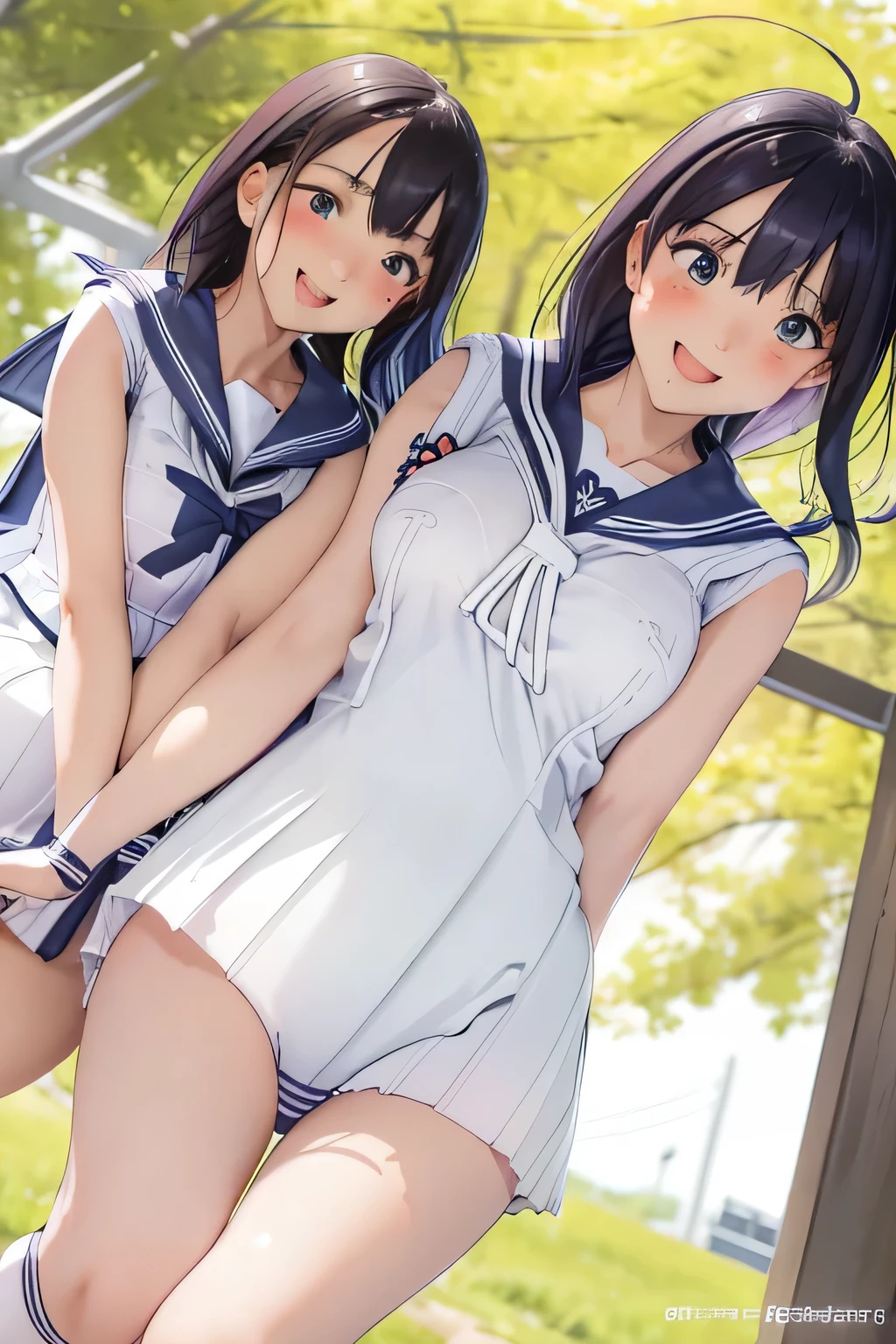 highest quality、High resolution、detailed background、beautiful and detailed face、
10歳のcute美少女、(three women:1.5)、(huge breasts:1.3)、perfectionなボディライン、perfection, Well-defined body、
(Show off your pants with a happy expression:1.5)、(that'It's wet and my clothes are transparent:1.2)、emphasize the chest、emphasize cleavage、underheer white sleeveless sailor shirt:1.5))、sailor color、Pleated mini skirt with tartan plaid pattern、knee high socks、over knee socks、pink floral embroidered panties、No bra、cute編み込みポニーテール、
sexual expression、panty shot、cute、camel toe
